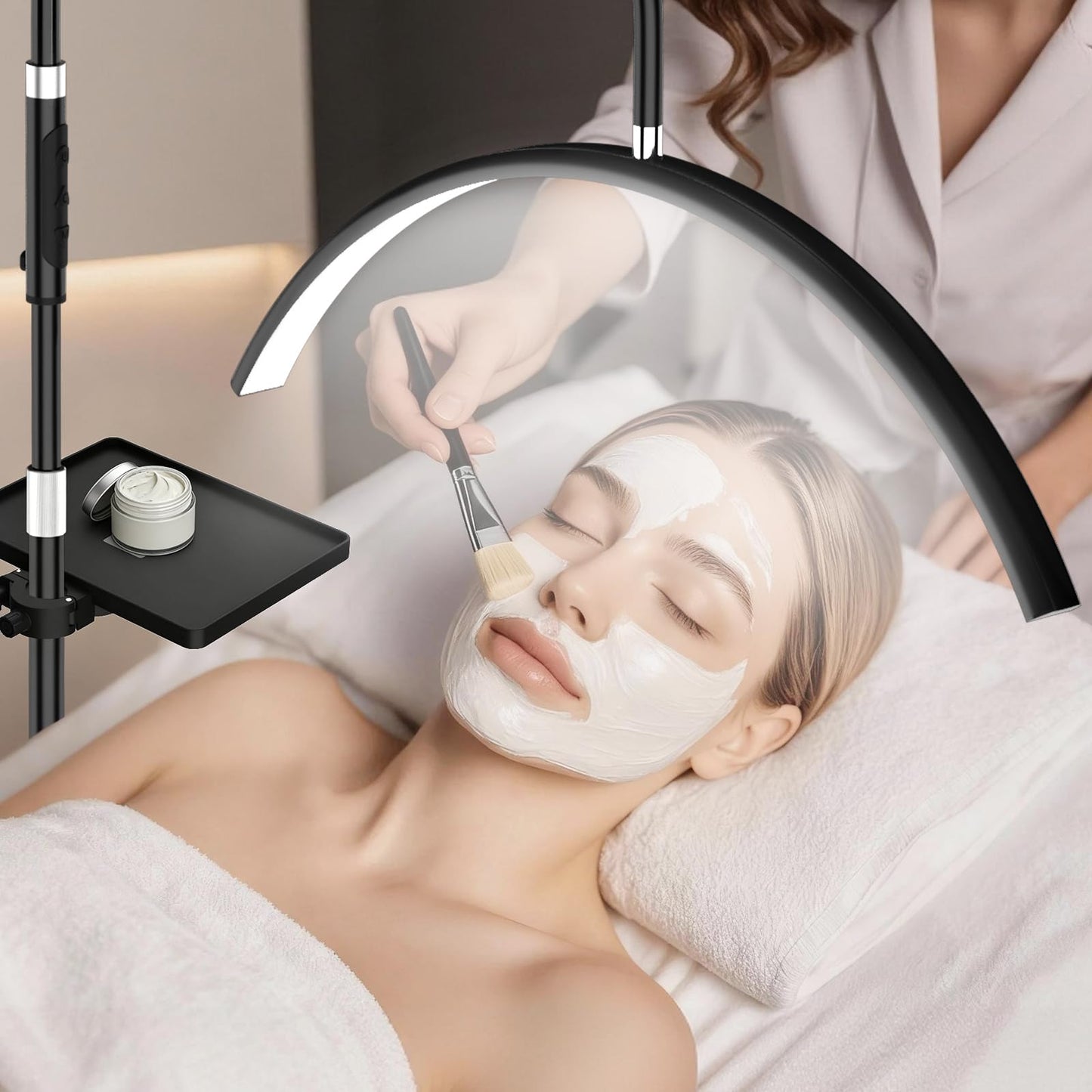 young master Half Moon Lash Light, 24W 1500LM Dimmable LED Floor Lamp with Adjustable Height for Lash Techs, Tattoo & Nail Artists, 4 Color Modes, Phone Holder & 2 Trays