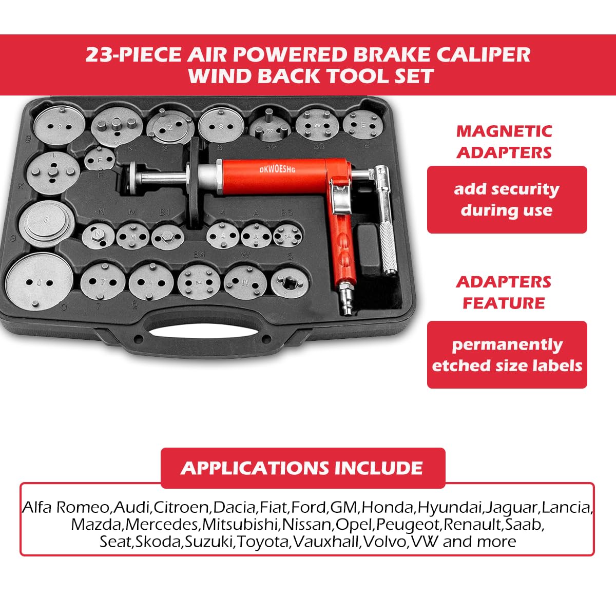 DKwoeshg Pneumatic Brake Caliper Compression Tool Kit, Air Operated Disc Brake Piston Wind Back Rewind Tool Set for Automotive Maintenance and Repair