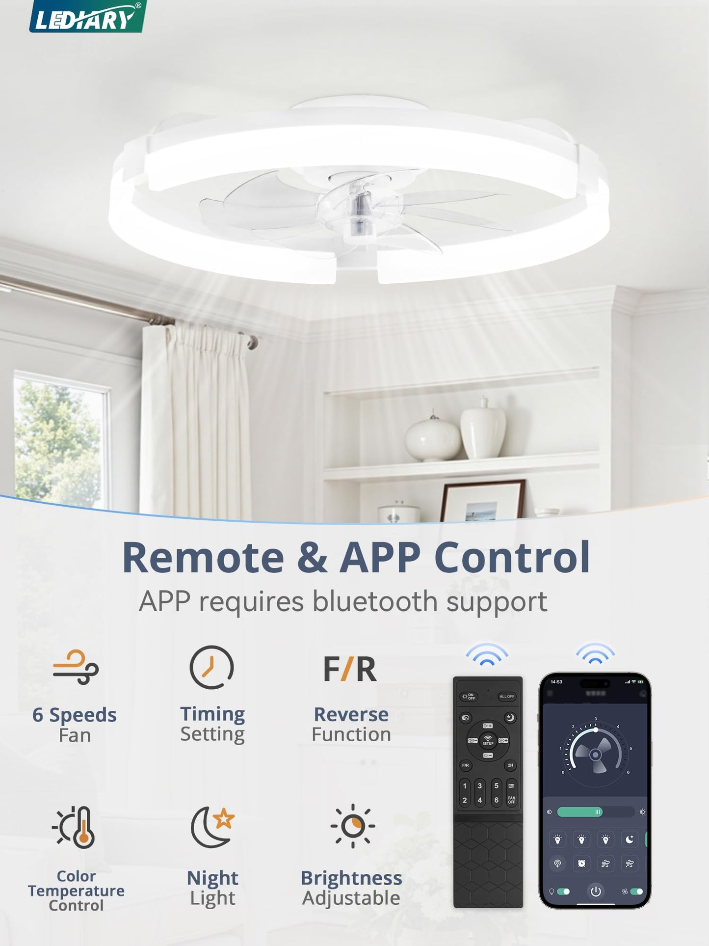 LEDIARY 20" Ceiling Fans with Lights and Remote, Modern Low Profile Ceiling Fan, 3 CCT, Stepless Dimmable, Fandelier Flush Mount Fan Light, 6 Speeds, DC Motor, App & Remote Control for Bedroom(White)