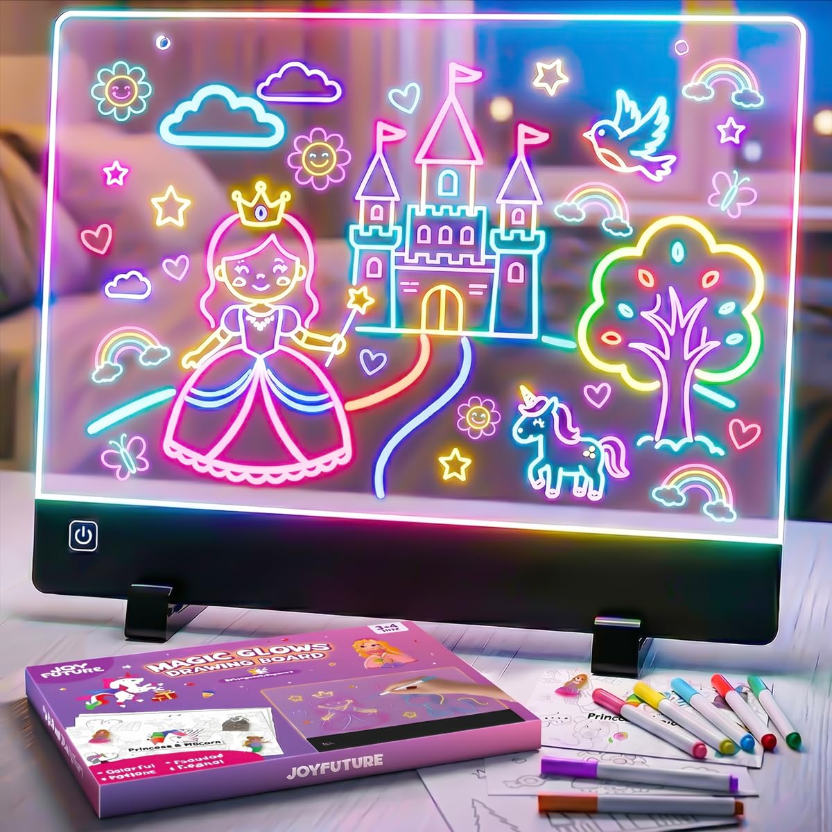 Rechargeable LED Drawing Board for Girls, 10" Glow Doodle Pad, 45H Long Last, 4 Modes Neon Light Up Coloring Tablet with 7 Pens, Princess Art Craft Set, Birthday Gift, Toys for Girl 4 5 6 7 8 Year Old