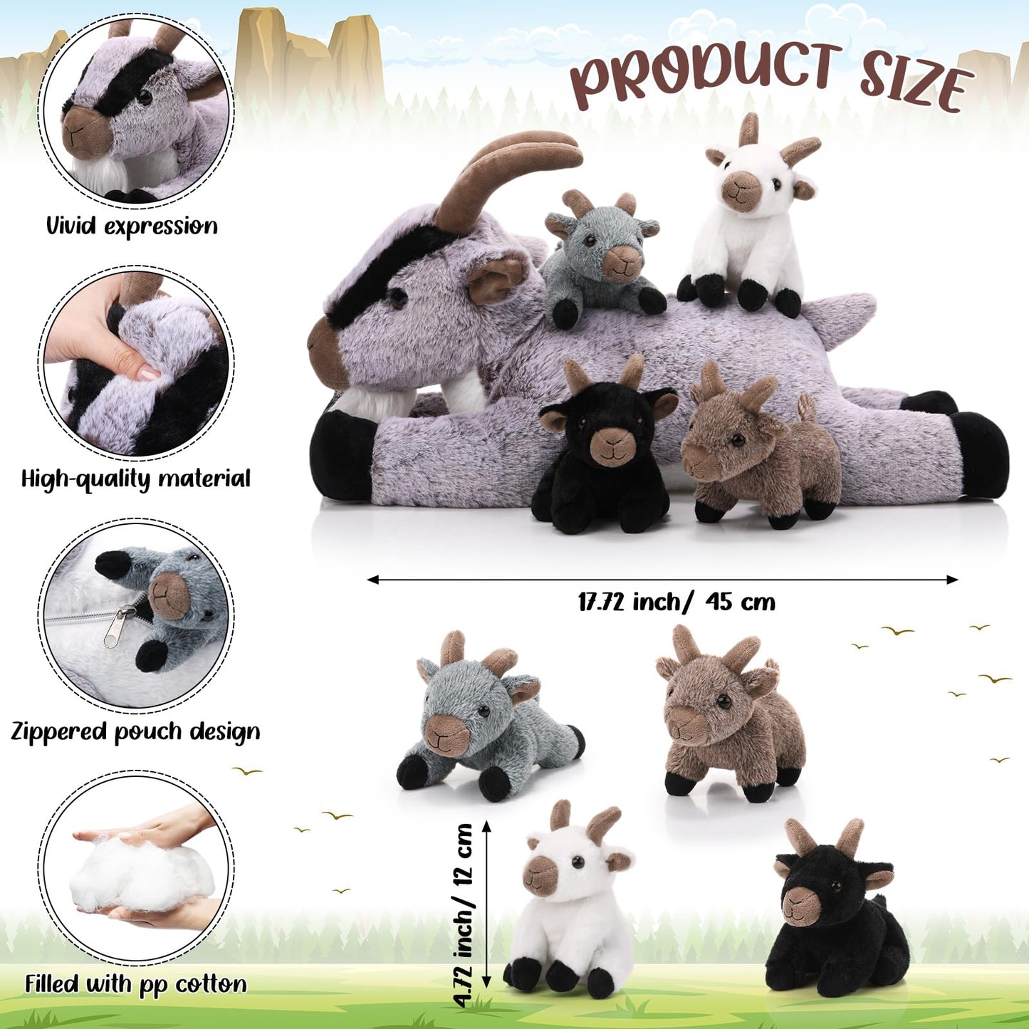 HyDren 5 Pcs Goat Plush Toy Set 18 Inch Mommy Goat Stuffed Animal with 4 Stuffed Kids in Zippered Tummy Soft Plushies for Children's Day Gifts Birthday Farm Party Decors Sleeping Companion