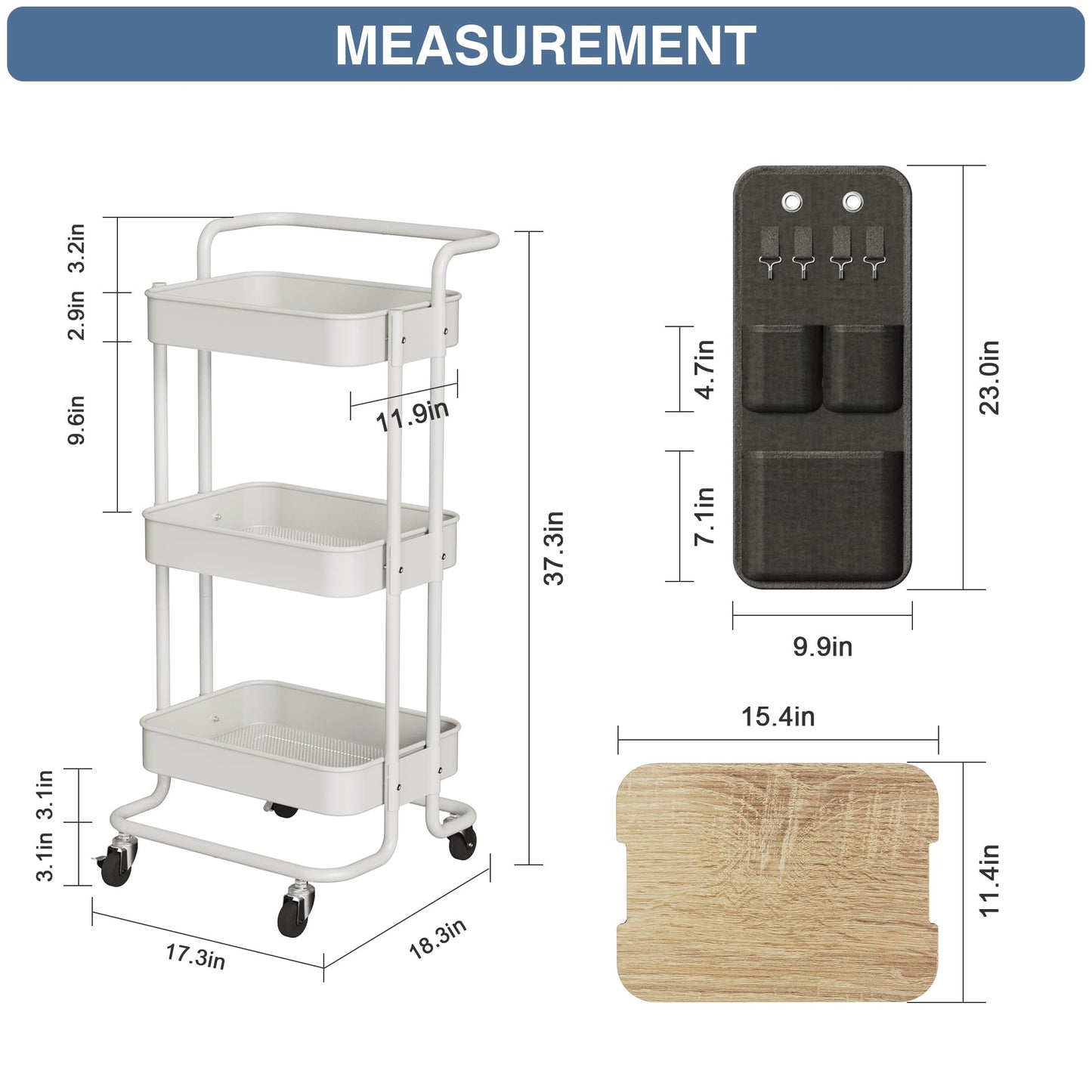 DTK 3 Tier Metal Utility Rolling Cart with Table Top and Side Bags, Metal Tray Storage Organizer Cart with Wheels, Art Craft Cart with 4 Hooks for Kitchen Bathroom Office Living Room (White)