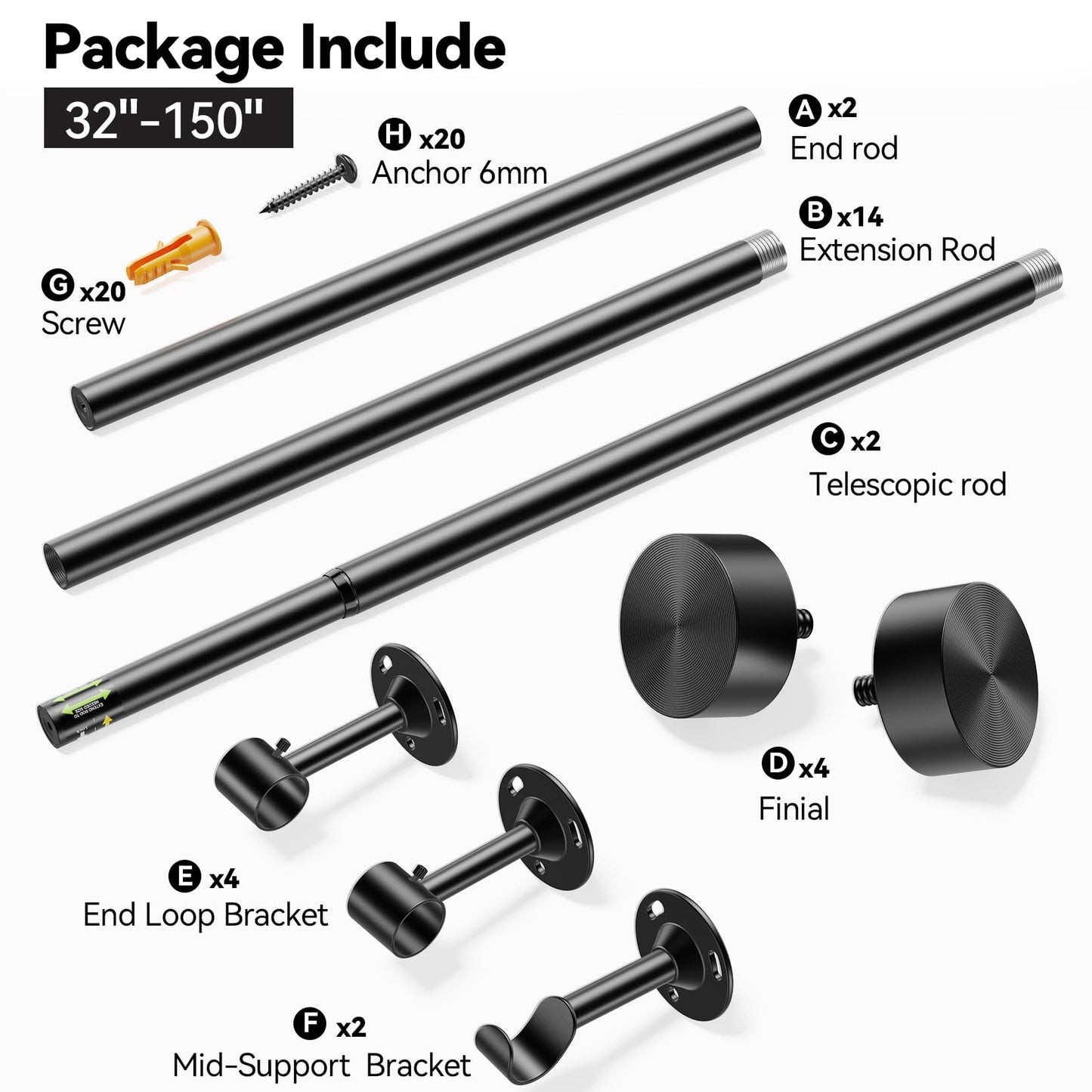 YaFex 2 Pack Heavy Duty Curtain Rods 32-150 Inch, 1 Inch Adjustable Black Curtain Rod for Windows, Extra Long Window Treatment Rods with Aluminium Finials, Easy Installation