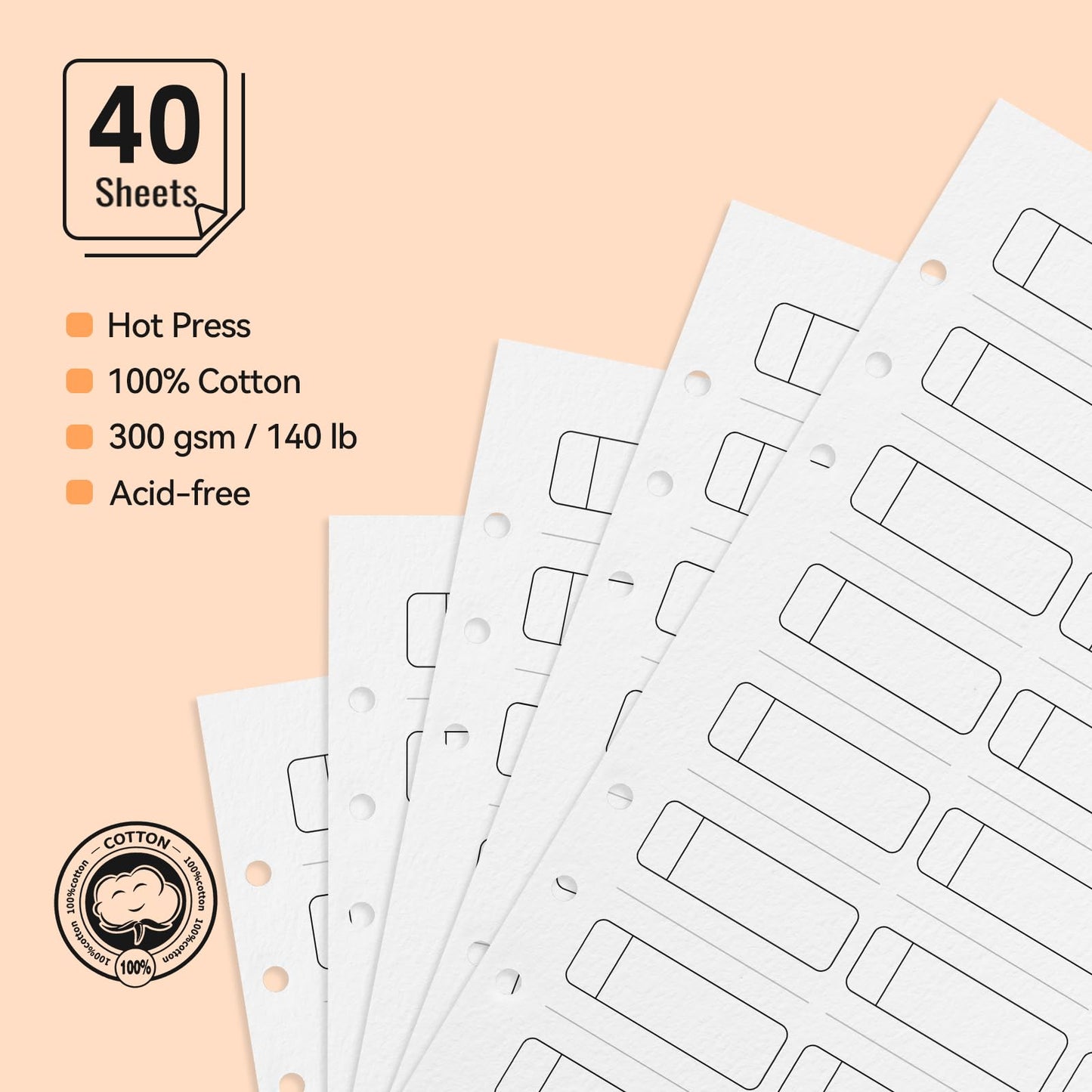 LIGHTWISH Watercolor Swatch Paper Bulk - 100% Cotton Hot Press 300gsm/140lb, 2 Pack, Total 40 Sheets 24 Spaces A5 Hole-Punched Replaceable Paper for Watercolor, Gouache, Oil Pastels,5.8 * 8.2 Inches