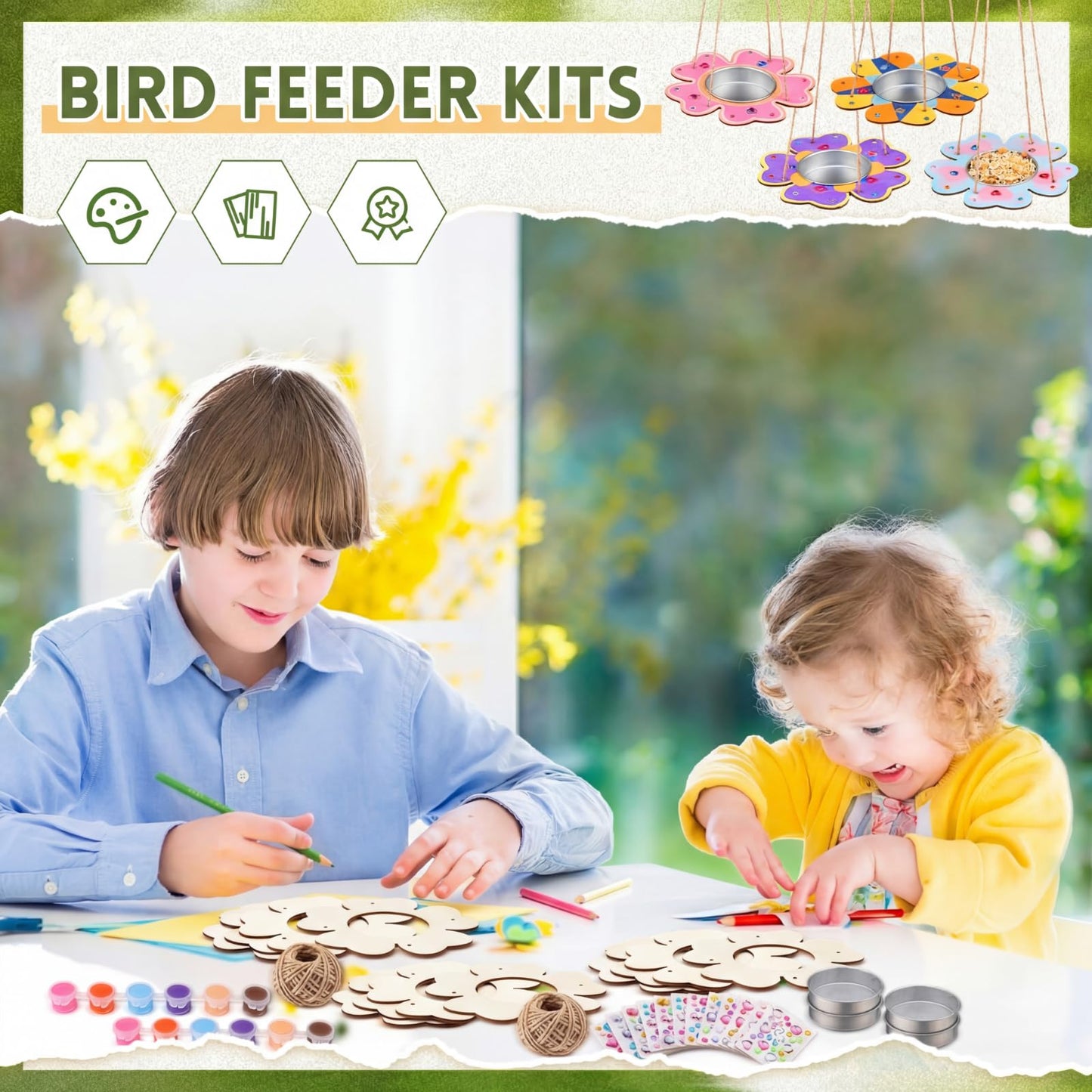 CroBlissful 12 Pack Bird Feeder Craft Kits for Kids DIY Your Own Bird Feeders with Paint and Paintbrushes Wooden Arts and Crafts for Kid Ornaments to Paint Feeders Craft for Garden (Petal Shaped)