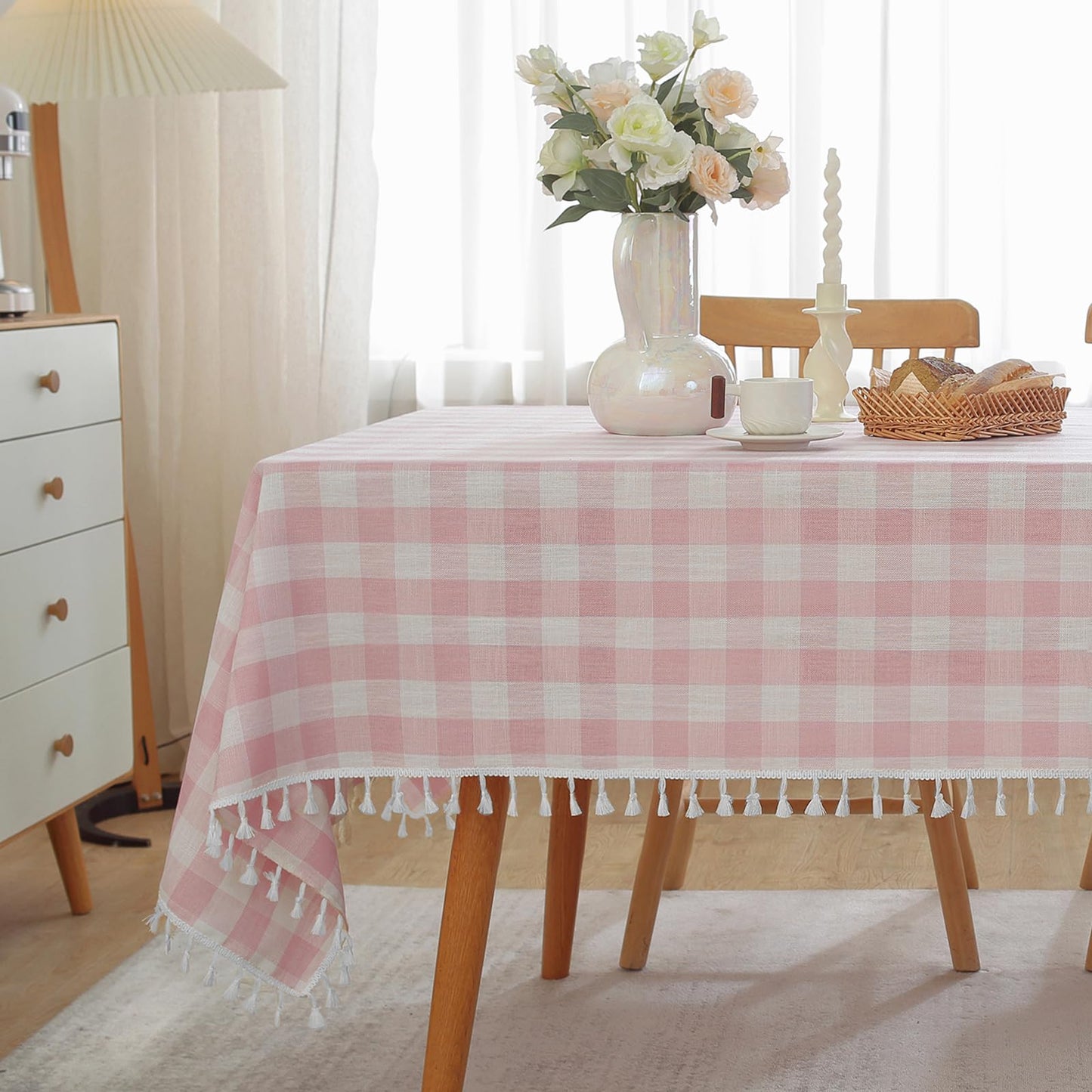 JIALE Checkered Table Cloth Rectangle Cotton Linen Fabric Gingham Tablecloth with Tassel Washable Wrinkle Free Buffalo Plaid Table Cover for Spring Picnic Kitchen Dining, Pink and White, 55x120''