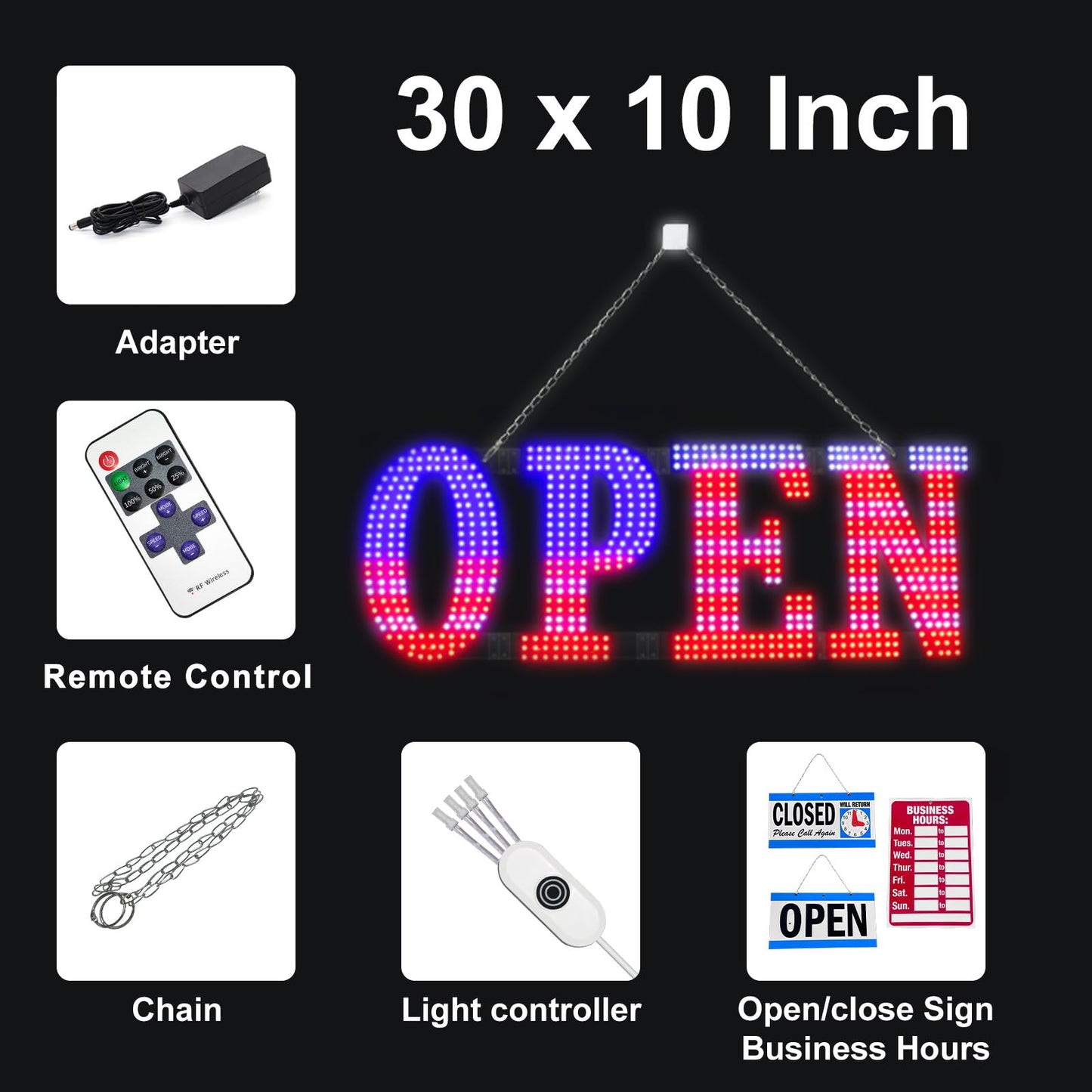 LemonNova 30'' x 10" LED Open Signs for Buisness, Remote Control and Adjustment Brightness & Color - 14 Mode, Large Open Closed Sign for Bar Store Restaurant Office Hotel Salon USA Flag
