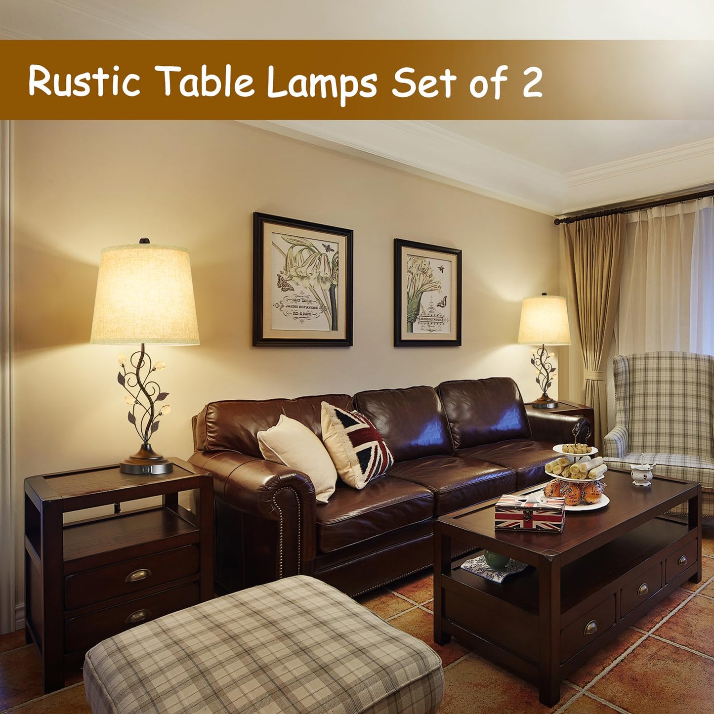 Sheetea 24.5in Farmhouse Table Lamps Set of 2, Rustic Bedroom Lamps with 2 USB Charging Ports, Cream Fabric Shade, Metal & Crystal Finish