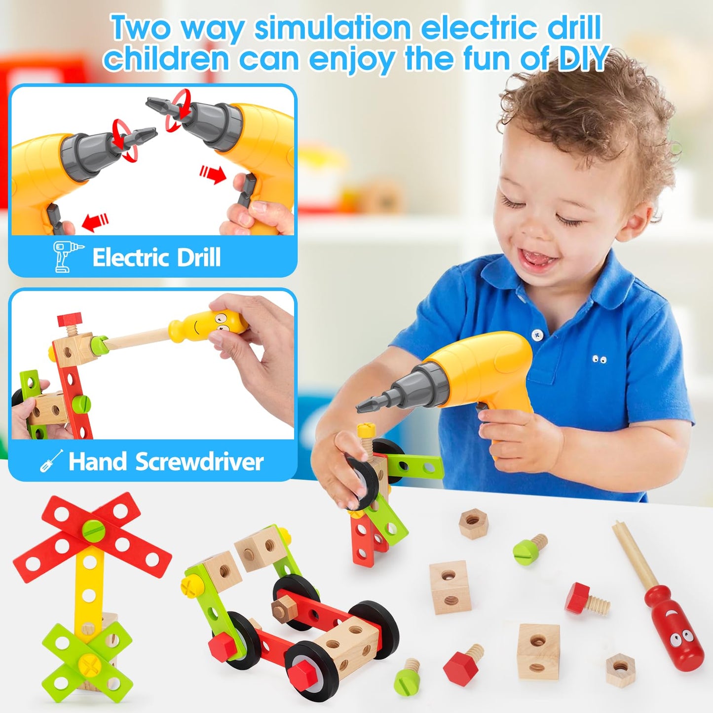 Kids Tool Set with Drill, Montessori Toys for 3 4 5 Year Old Kids, 44 Wooden Tool Kits for Toddlers, Box Included, Educational Building Toy