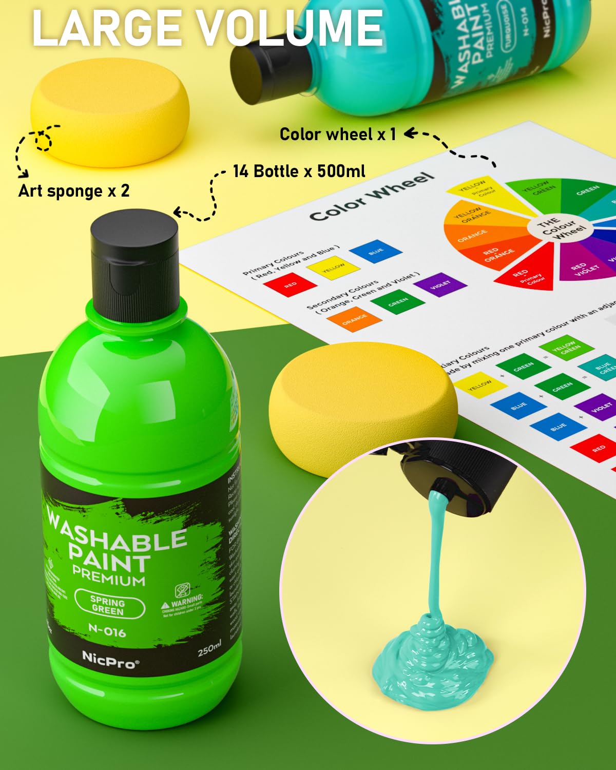 Nicpro 18 Colors Large Washable Paint Set for Kid (8.4oz,250 ml), Acrylic Bulk Paint Supplies Non Toxic Children Tempera Paint for Art, DIY Craft Supplies, Poster & Finger Paint, School, Home,Classroom, Party