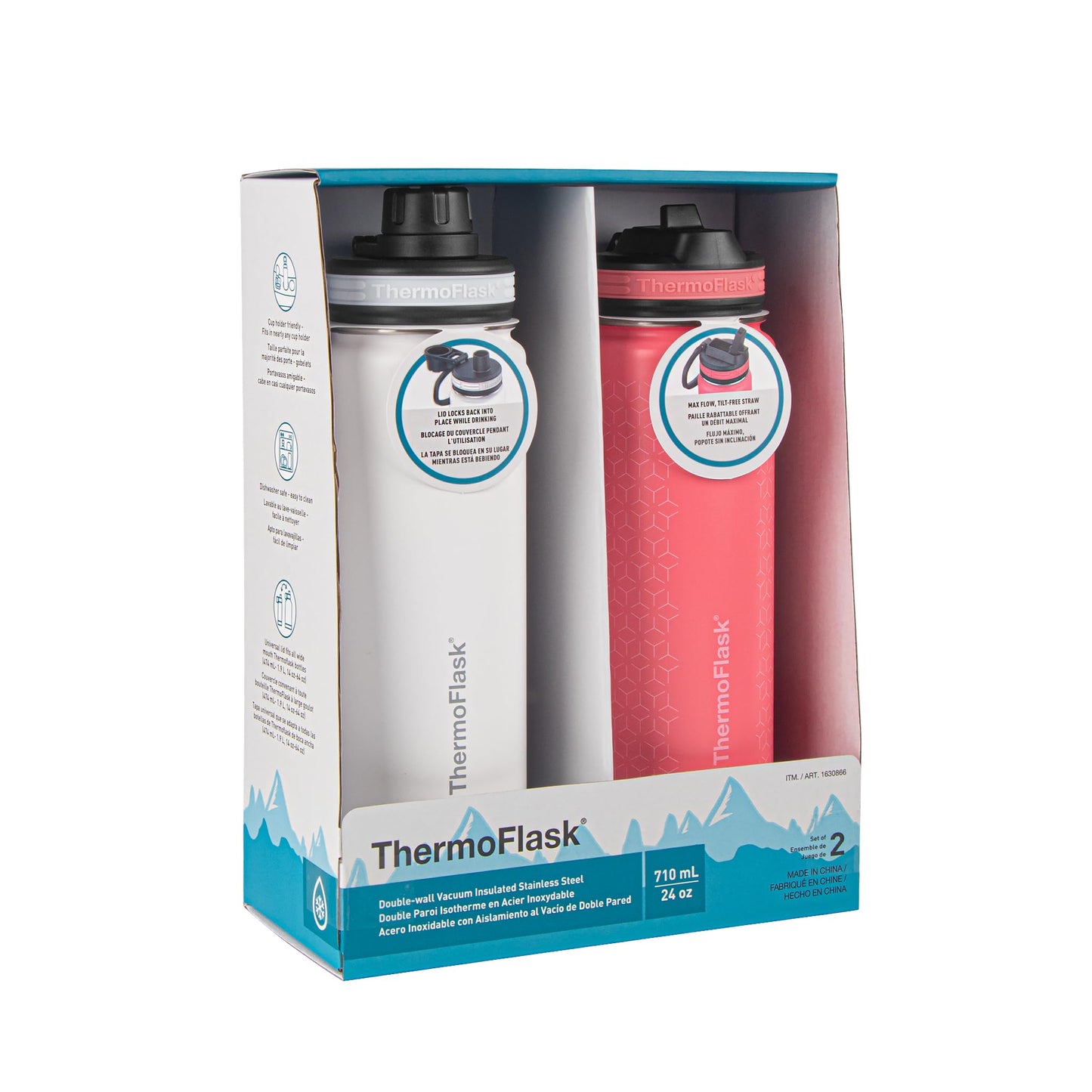 ThermoFlask Stainless Steel Water Bottles 2-Pack - Double-Wall Vacuum Insulated 24 oz BPA-Free Spout Lids - Keeps Drinks Cold 24 Hrs, Hot 12 Hrs - Leakproof, Dishwasher Safe, White/Coral