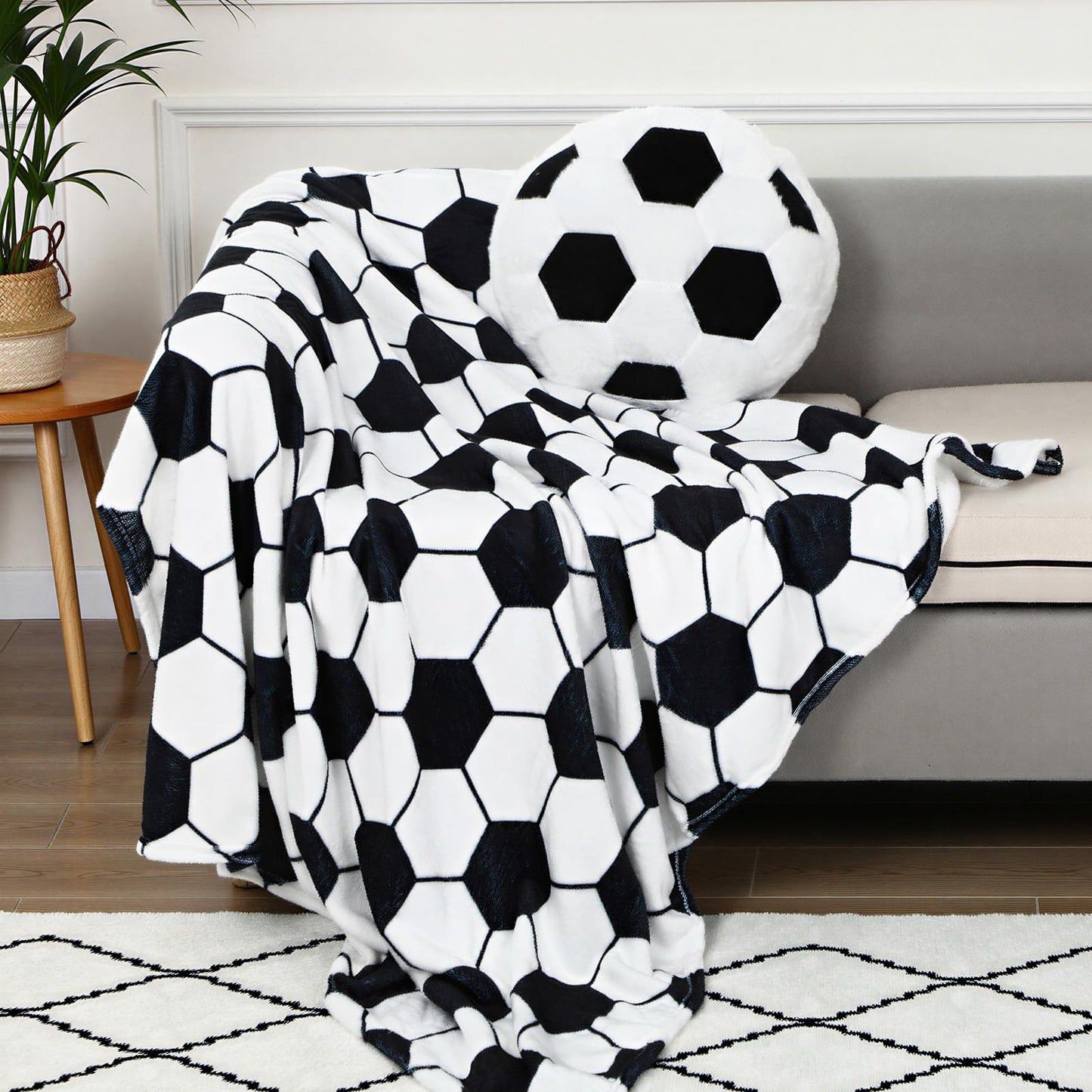 SmoothNovelty 2 Pcs Soccer Pillow and Throw Blanket Set Include 40x50 Inch Soft Soccer Flannel Blanket Fluffy Sports Stuffed Plush Pillow Cushion Team Gift for Men Couch Bedroom Sofa Decor