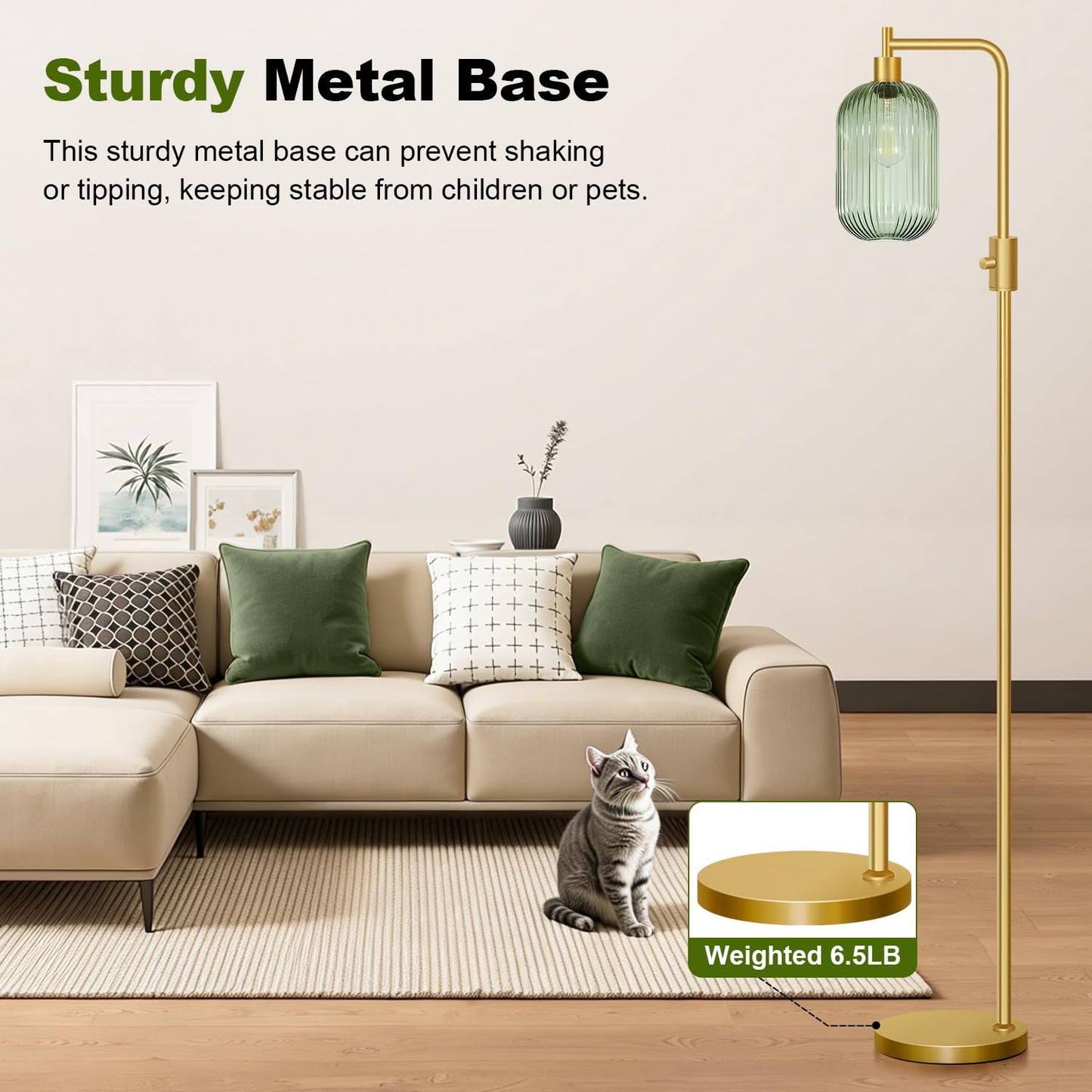 【Upgraded】 Dimmable Glass Floor Lamp for Living Room, Modern Gold Standing Lamp with Green Ribbed Glass Lampshade & Knob Dimmer, Arc Tall Lamp for Bedroom Office Reading Room, 2700K Led Bulb Included