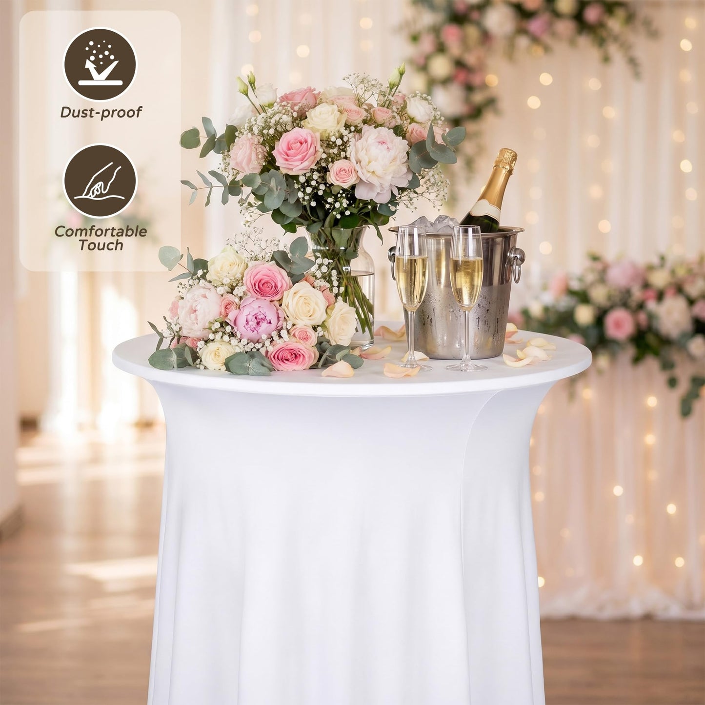 COSINIA 4 Pack White Cocktail Table Covers 32"x43", Heavy-Duty Spandex Round High Top Table Cloths with Wavy Skirt, Reusable Fitted Bar Height Table Covers for Wedding & Party