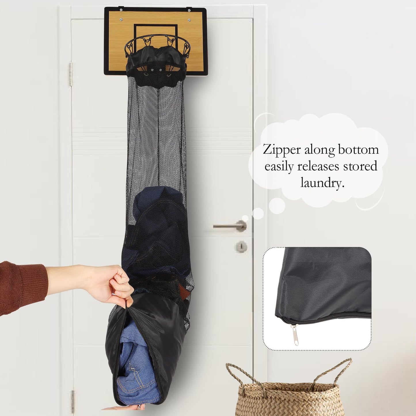 DRXX FEXE Over the Door Basketball Hoop Laundry Basket ,Wooden Basketball Laundry Hamper with Zipper for Kids Room,Dorm Rooms,Bathroom,Saving Space Storage and Organization