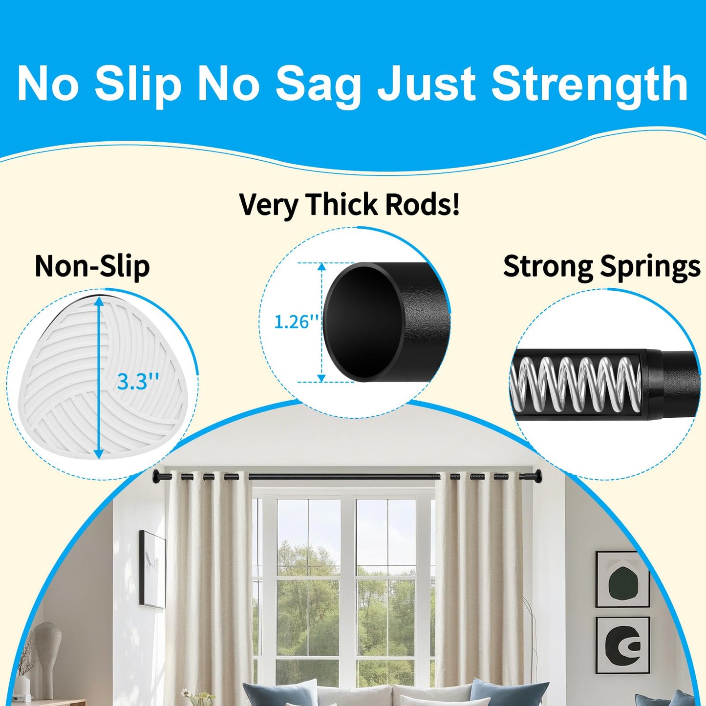 Tension Curtain Rod 51-165 Inch, Extra Long Curtain Rod No Drilling for Window or Bathroom, Outdoor Curtain Rods for Patio, Easy to Install, Never Rust, Rod Diameter 1.26 Inches-Black