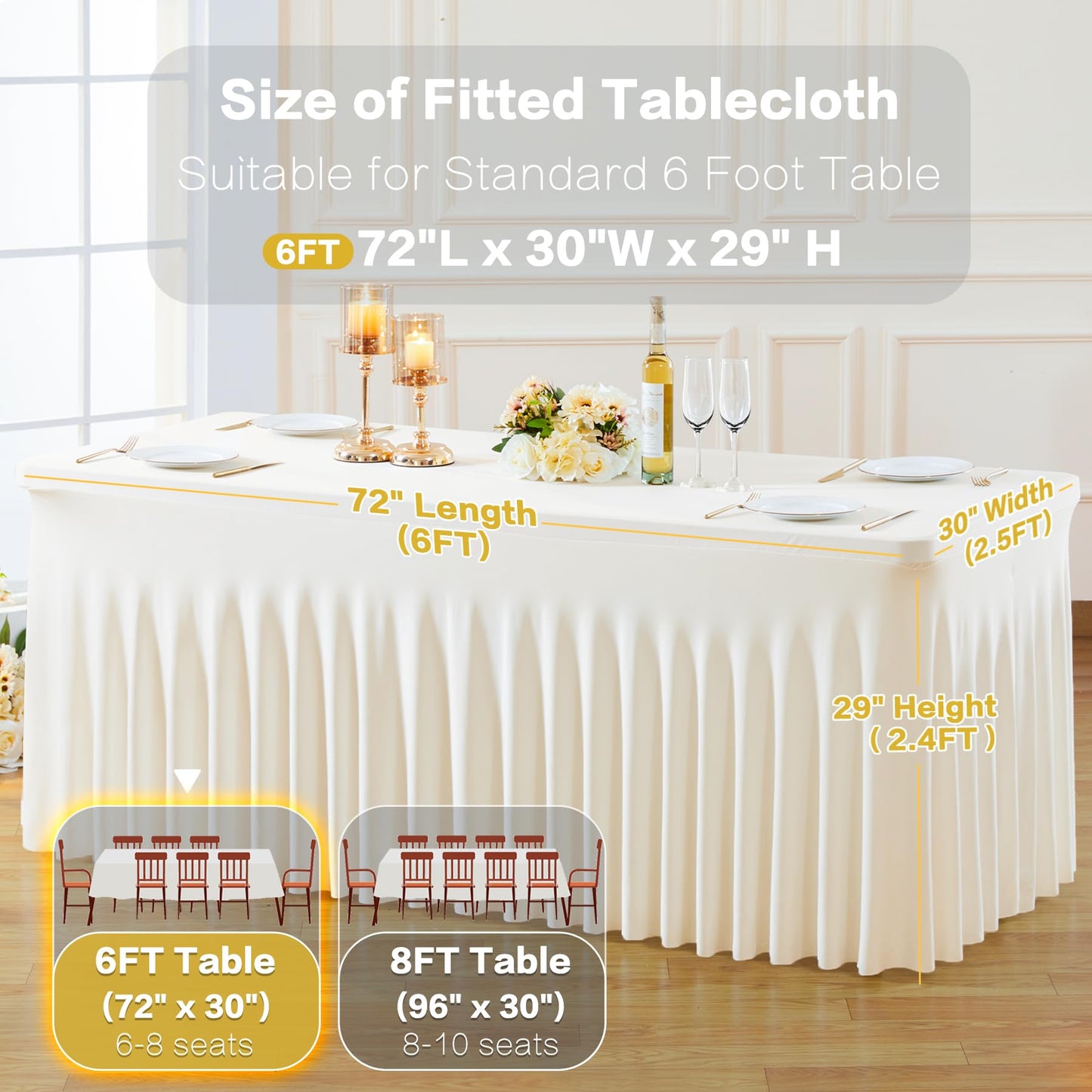2 Pack Spandex Ivory Fitted Table Cloth for 6ft Rectangle Tables Ivory Stretch Tablecloth Table Covers Banquet Table Clothes Wrinkle Free Table Skirt for Parties Wedding