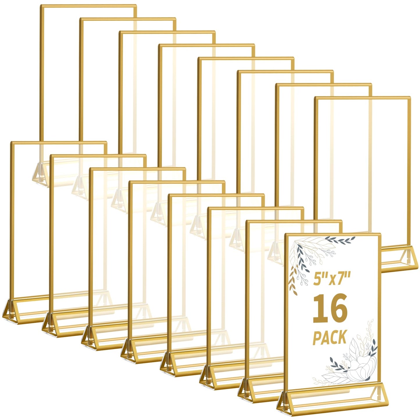 Smarpau 5x7 Gold Acrylic Sign Holder 16 Pack Gold Frame Table Number Holders Vertical Double Sided Picture Frames Table Menu Stand Flyer Display for Home Office