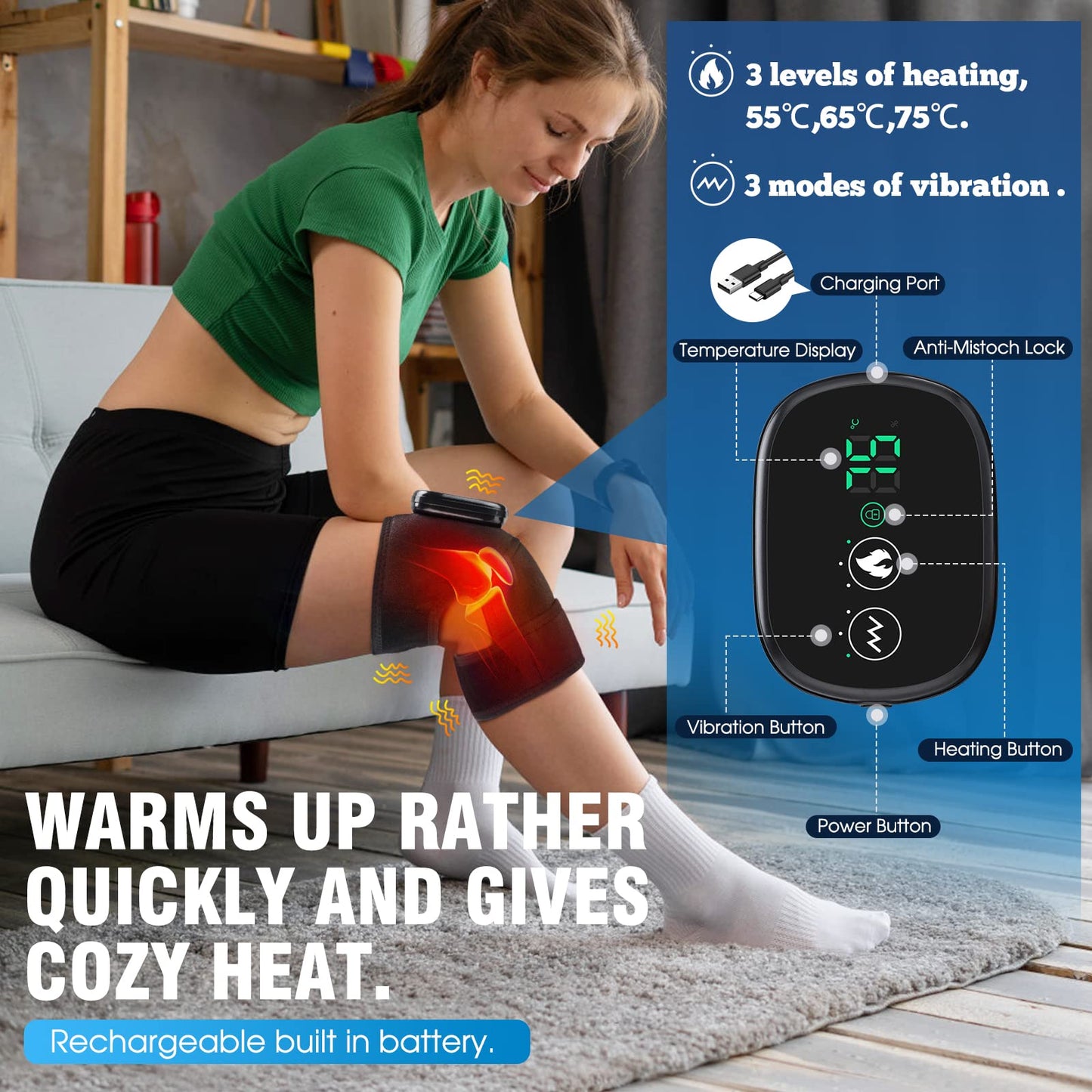MOAJAZA Knee Massager with Heat and Vibration, Heating Pad for Knee Shoulder Elbow, Heated Knee Brace for Arthritis with Massage