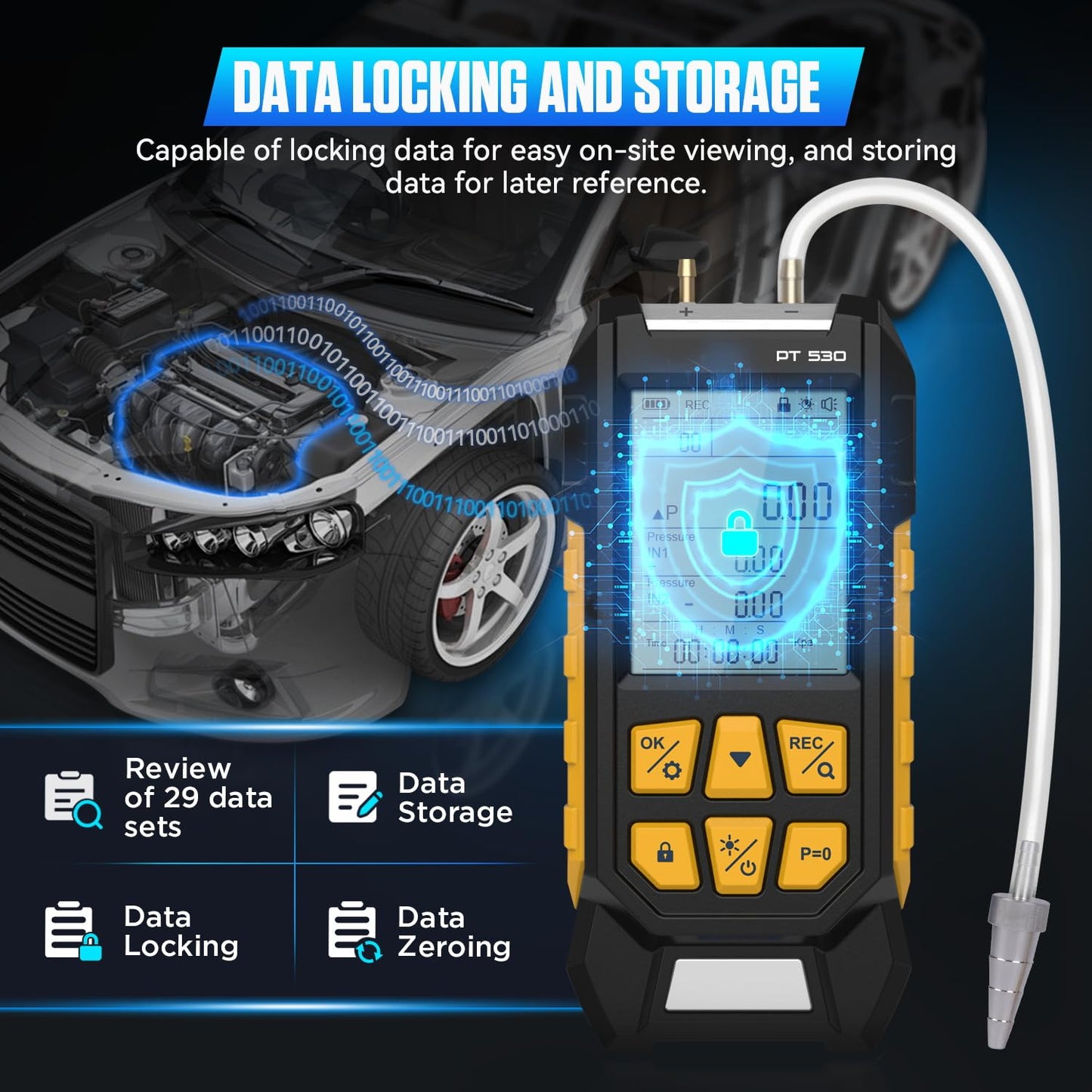 LINXINO PT530 Digital Manometer,Air and Gas Pressure Tester,Dual Differential Digital Manometer,-100 to 300 Kpa Measurement Range,10 Pressure Units,Data Locking,Storage and Flashlight