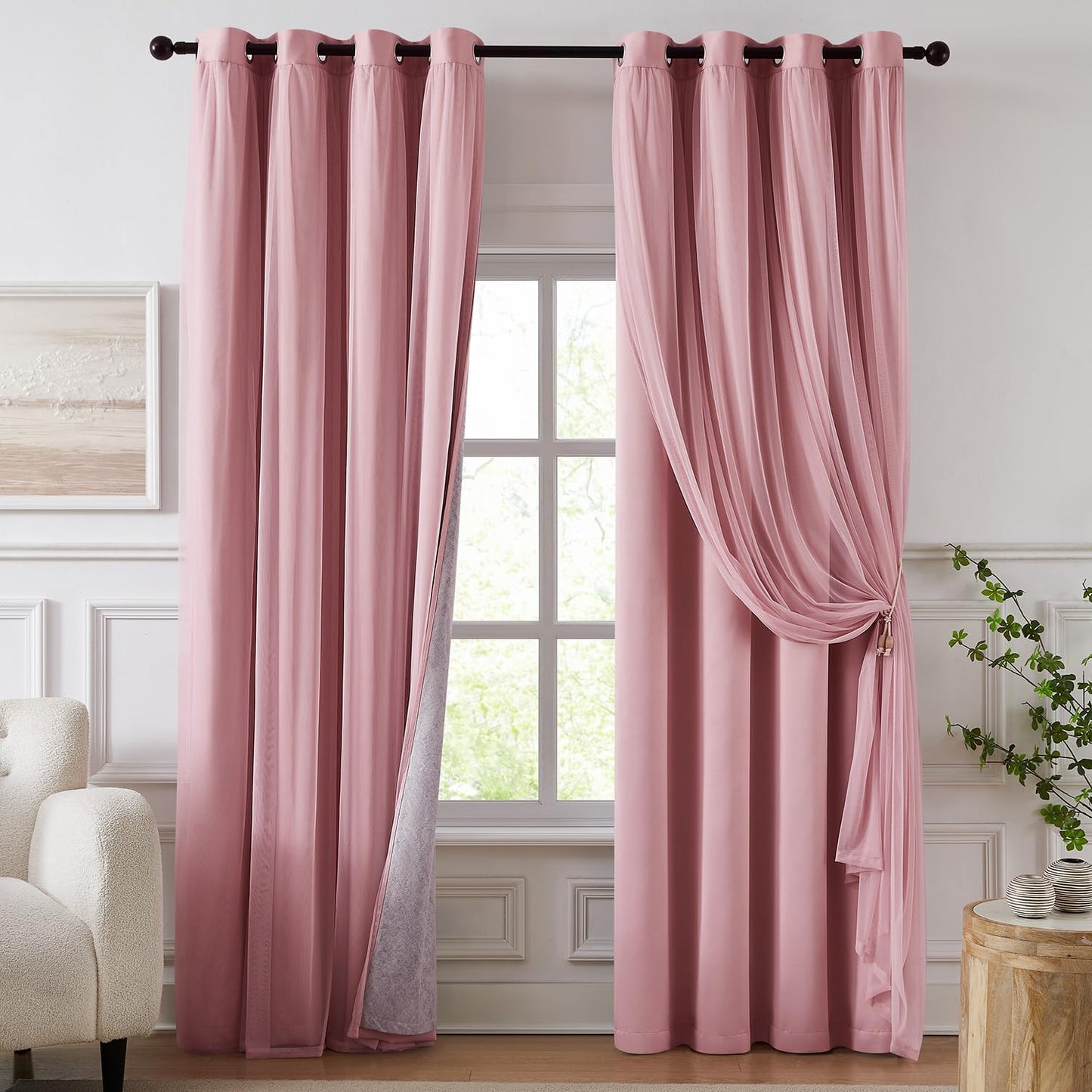 Swandream 100% Blackout Curtains for Bedroom, Double Layer Pink Curtains, Black Out Curtain 84 inch Long with Sheer Overlay for Living Room, Room Darkening Window Drapes with Grommet, 52" W x 84" L