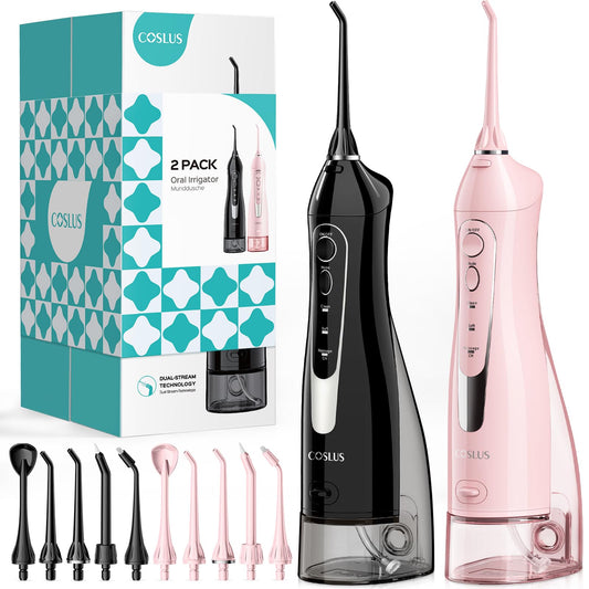 COSLUS Water Dental Flosser Teeth Pick: 2 Pack 300ml Portable Cordless Oral Irrigator,Rechargeable Travel Irrigation Cleaner for Teeth,Gums,Braces Care,Ipx7 Waterproof Electric Flossing C20