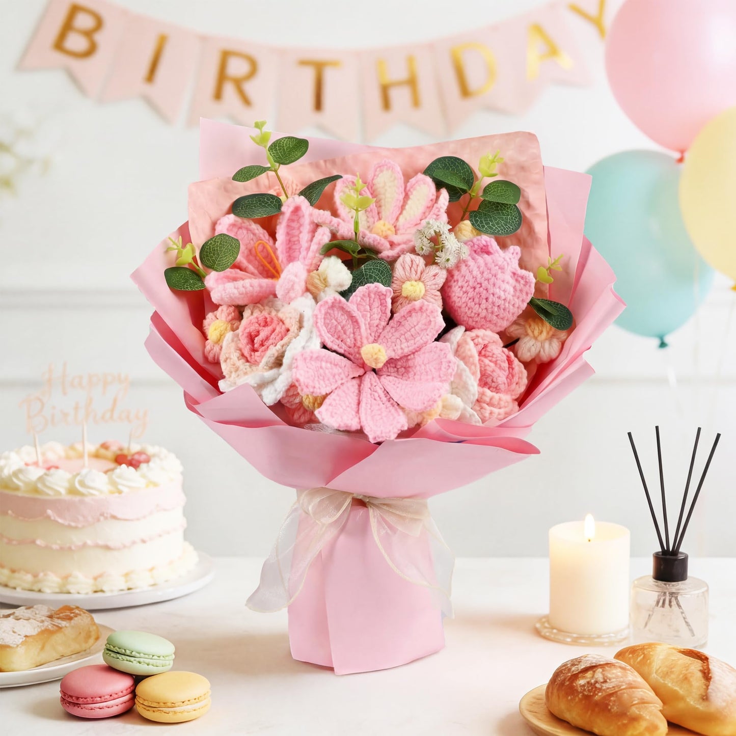 Plukers 18Pcs Handmade Crochet Flower Bouquet Knitted Yarn Flowers with Bag & Card, Artificial Rose Daisy, Birthday for Mom from Daughter and Husband Pink