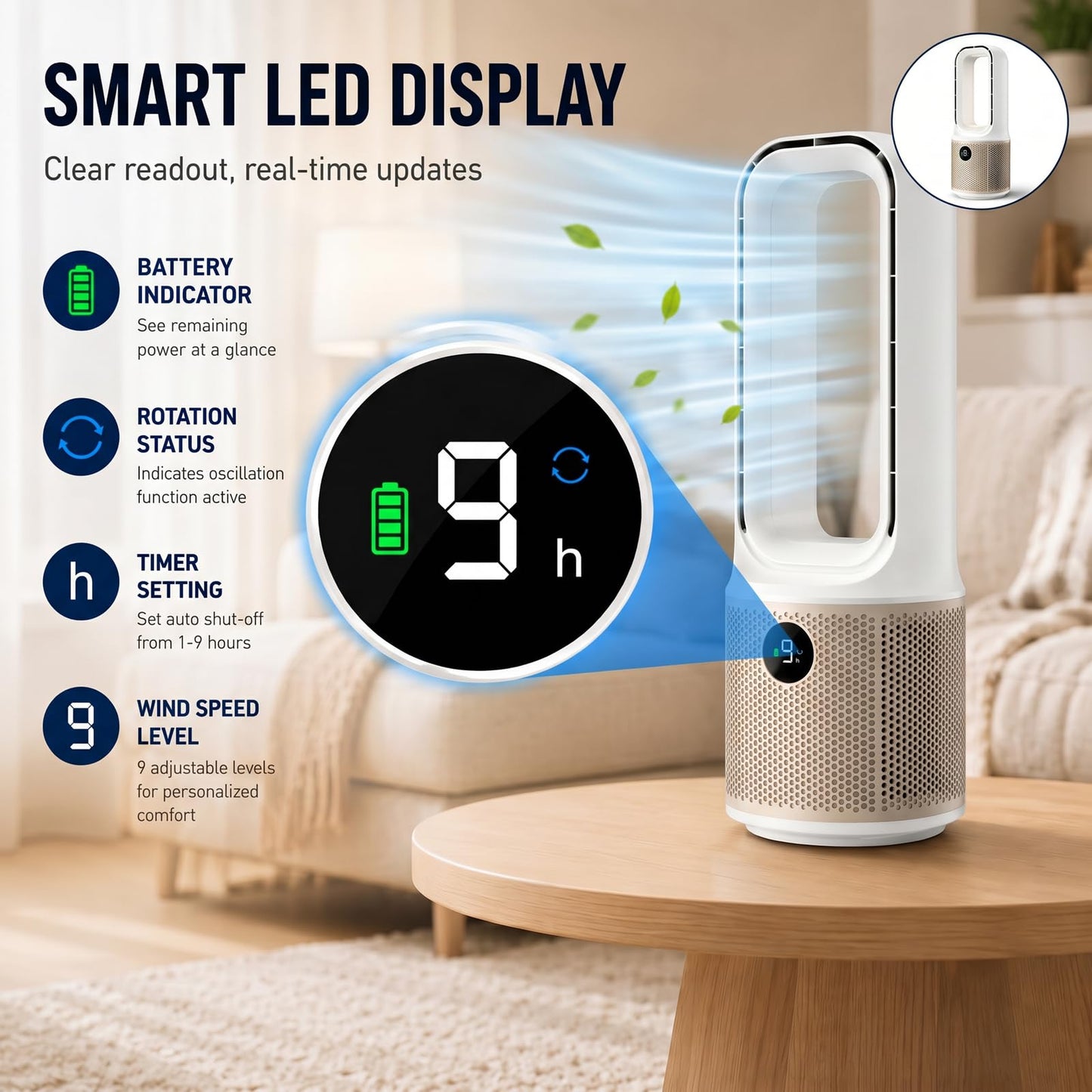 14 Inch Bladeless Desk Fan, USB Rechargeable Personal Cooling_Fan. Small Ultra Quiet, 9 Wind Speeds. 3 LED Night Light. 60°Oscillation. 1-9H Timer Child & Pet Safe for Home Office BedroomDesktop