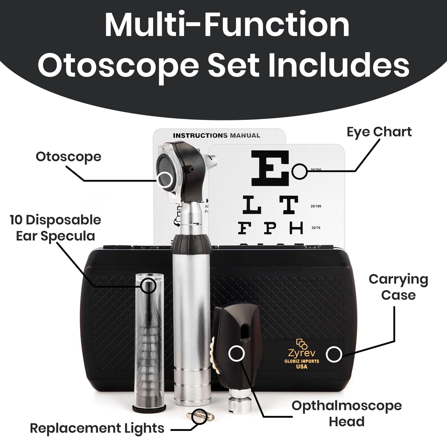 Zyrev Otoscope Oph Multi-Function Set - Otoscope/Opthalmoscope for Ear & Eye Examination - with Portable Carry Case, Sight Chart, Replacement Tips (Black)