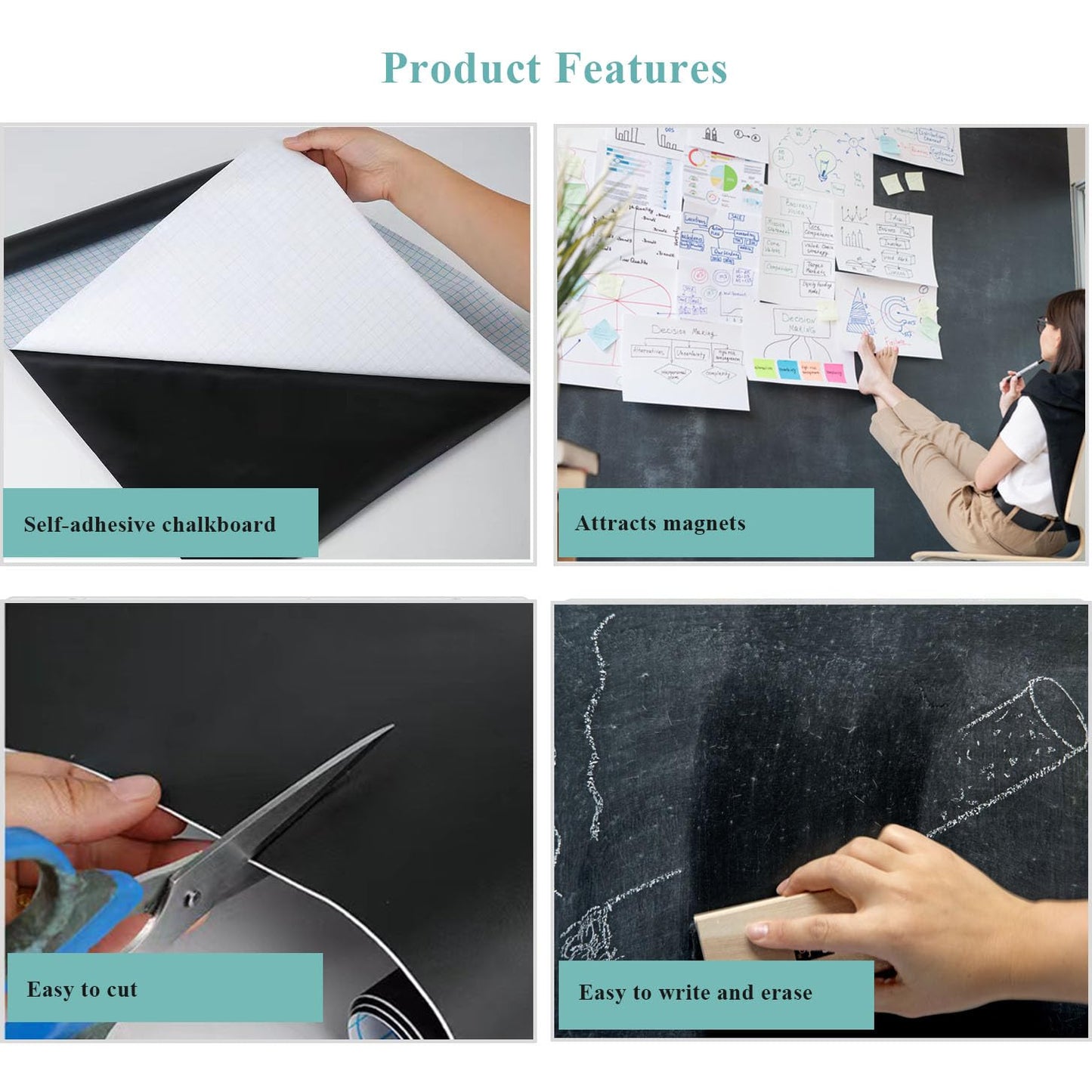 Qiytecno Chalk Board Contact Paper with Adhesive, 36" x 48" Magnetic Chalkboards for Wall, Wallpaper Sheets for School and Kids, Includes Liquid Chalks Markers and Dishcloth and Magnet (Black)