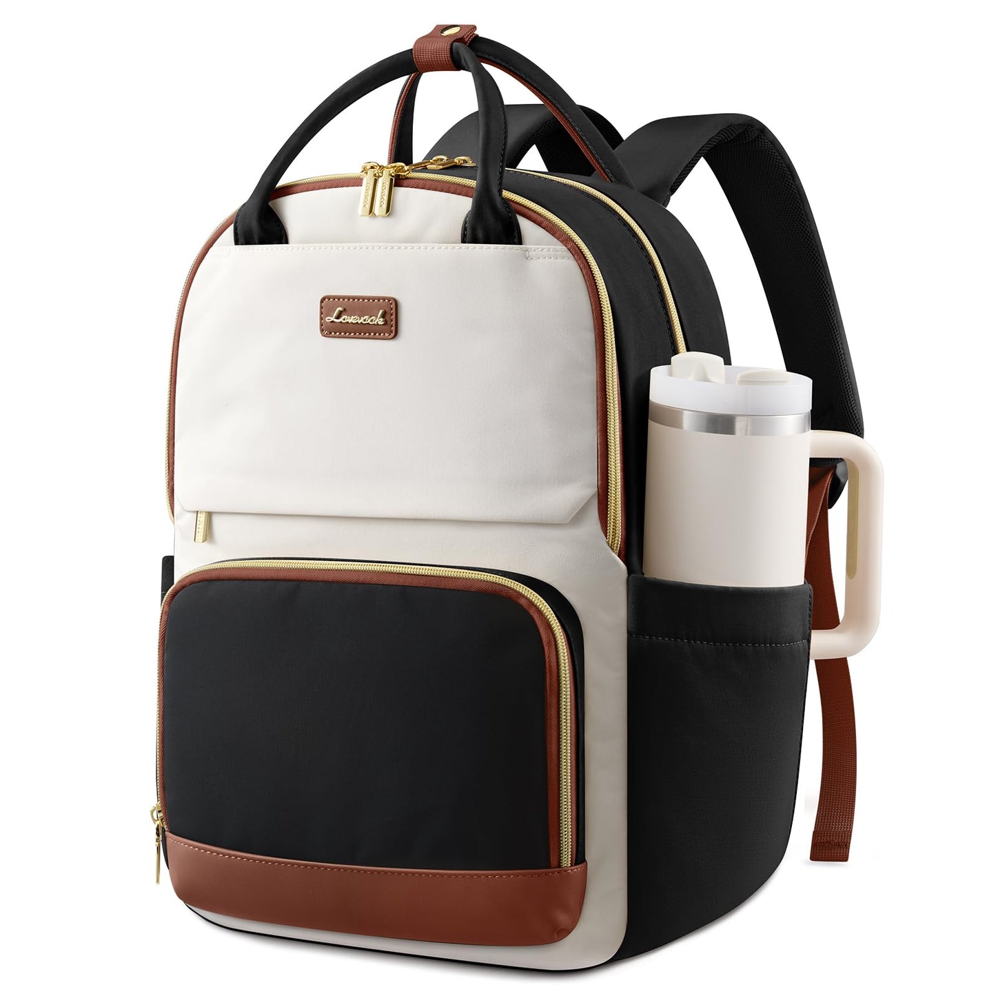 LOVEVOOK Laptop Backpack for Women with Giant Tumbler Holder Pocket, 17 inch Large Travel Work Backpack Purse for Teacher Nurse, Waterproof College Book Bag Cute Casual Daypack, Beige-Black-Brown