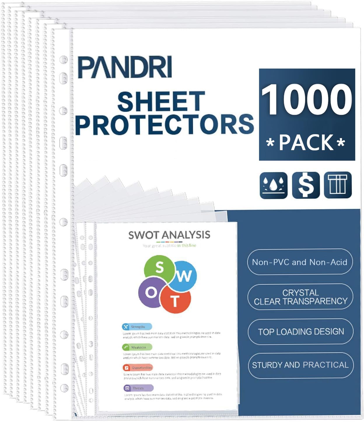 Sheet Protectors, PANDRI 1000 Pack Clear Heavy Duty Plastic Page Protectors Sheet Reinforced 11-Hole Fit for 3 Ring Binder Fits Standard 8.5 x 11 Paper, 9.25 x 11.25 Top Loaded, Excluding Acid