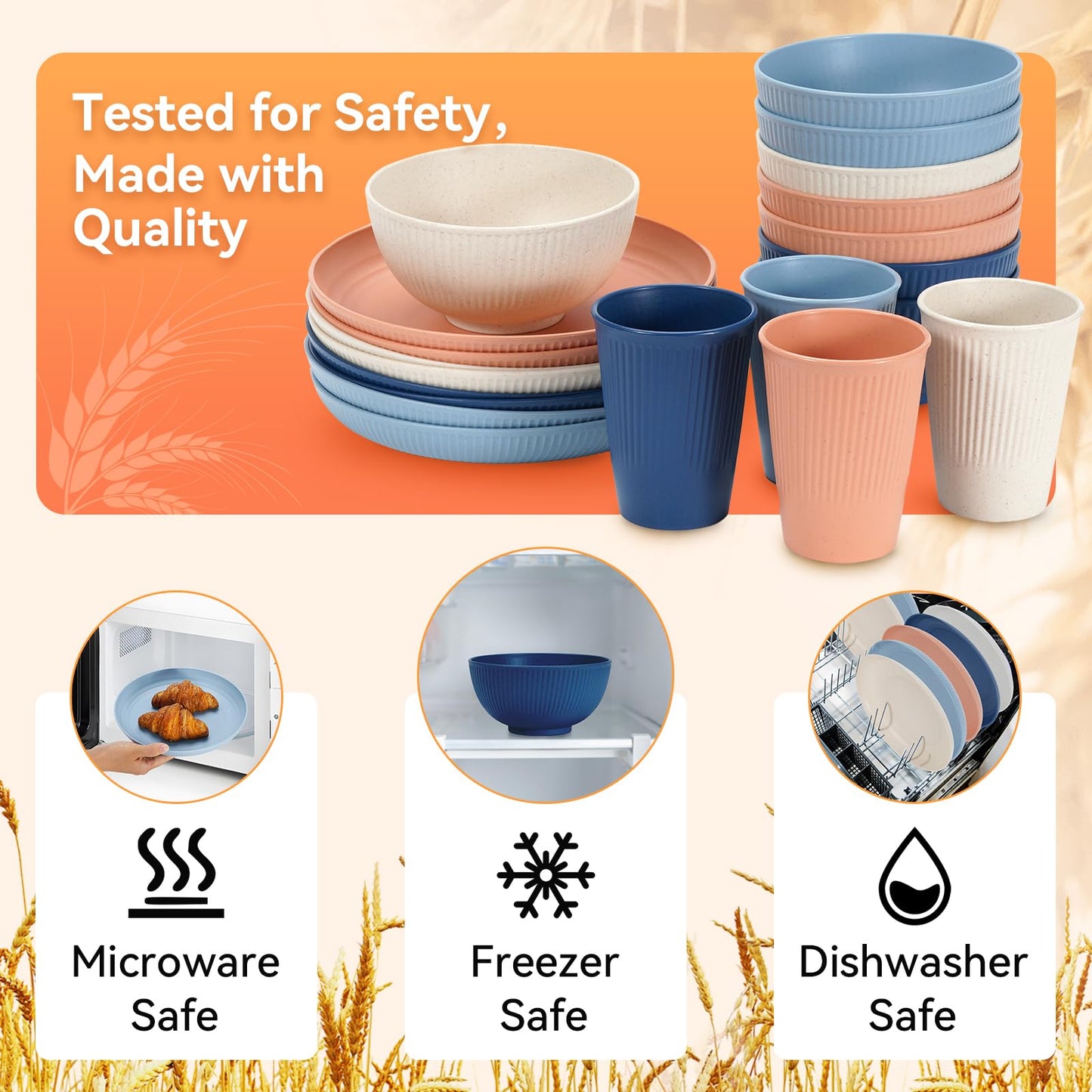 Wheat Straw Dinnerware Sets,64-Piece Plates and Bowls Sets for 8-Unbreakable,Reusable Plastic Dish Set-Dinner Plate/Dessert Plate/Cereal Bowl/Cup/Utensils-Dishwasher Safe 64P-JadePeak Lake Sunset