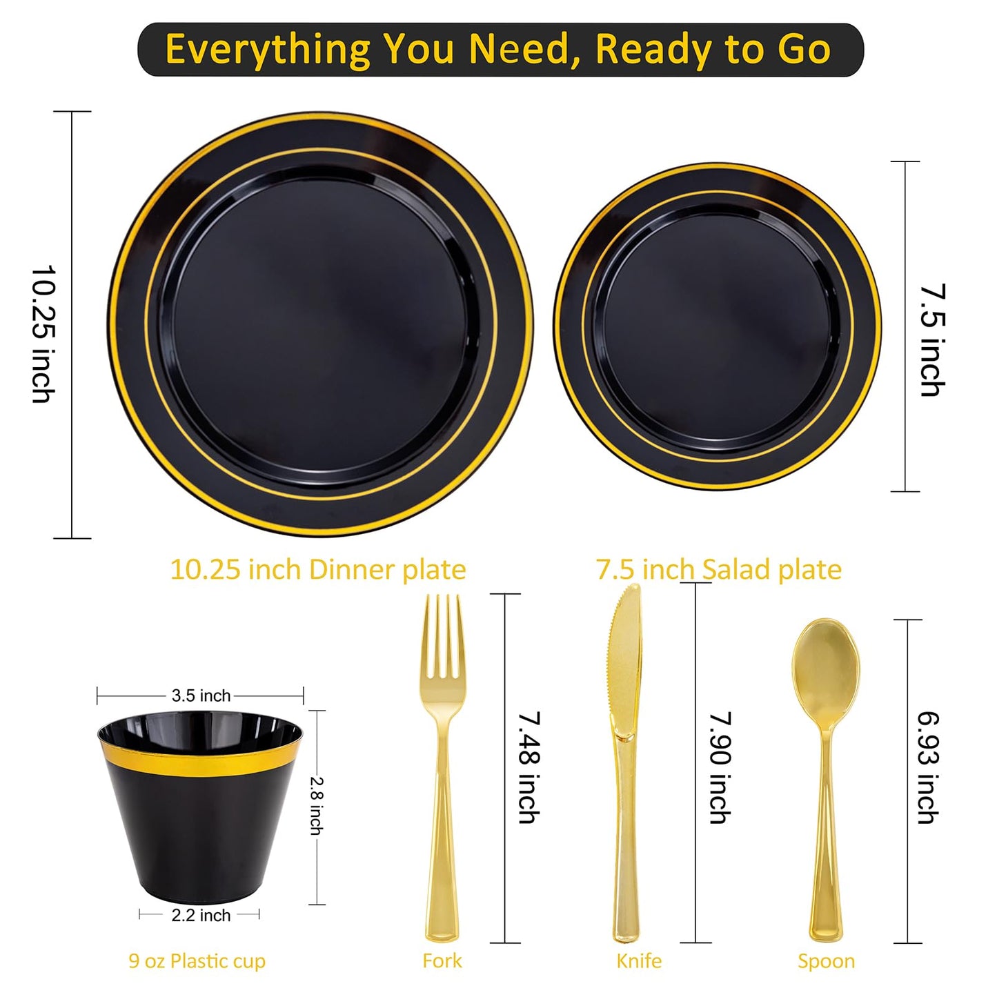 WELLIFE 350PCS Black and Gold Plastic Plates - Plastic Dinnerware Set for 50 Guests,Include 50 Dinner Plates, 50 Dessert Plates, 50 Black Cups 9 OZ, 50 Pre Rolled Napkins with Gold Silverware