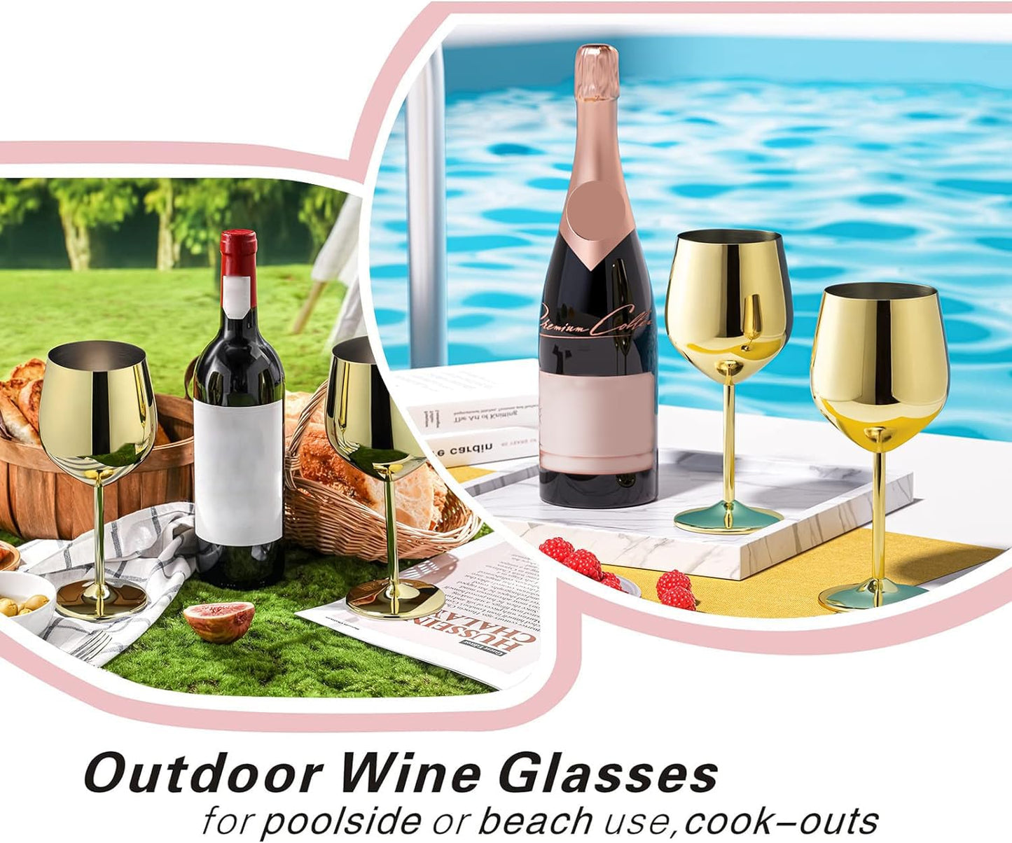WOTOR Gold Wine Glasses Set of 4, 18oz Unbreakable Gold Goblet, Stainless Steel Wine Glass, Metal Wine Glass for Outdoor, Travel, Camping, Pool, Ideal Gift for Wine Lovers