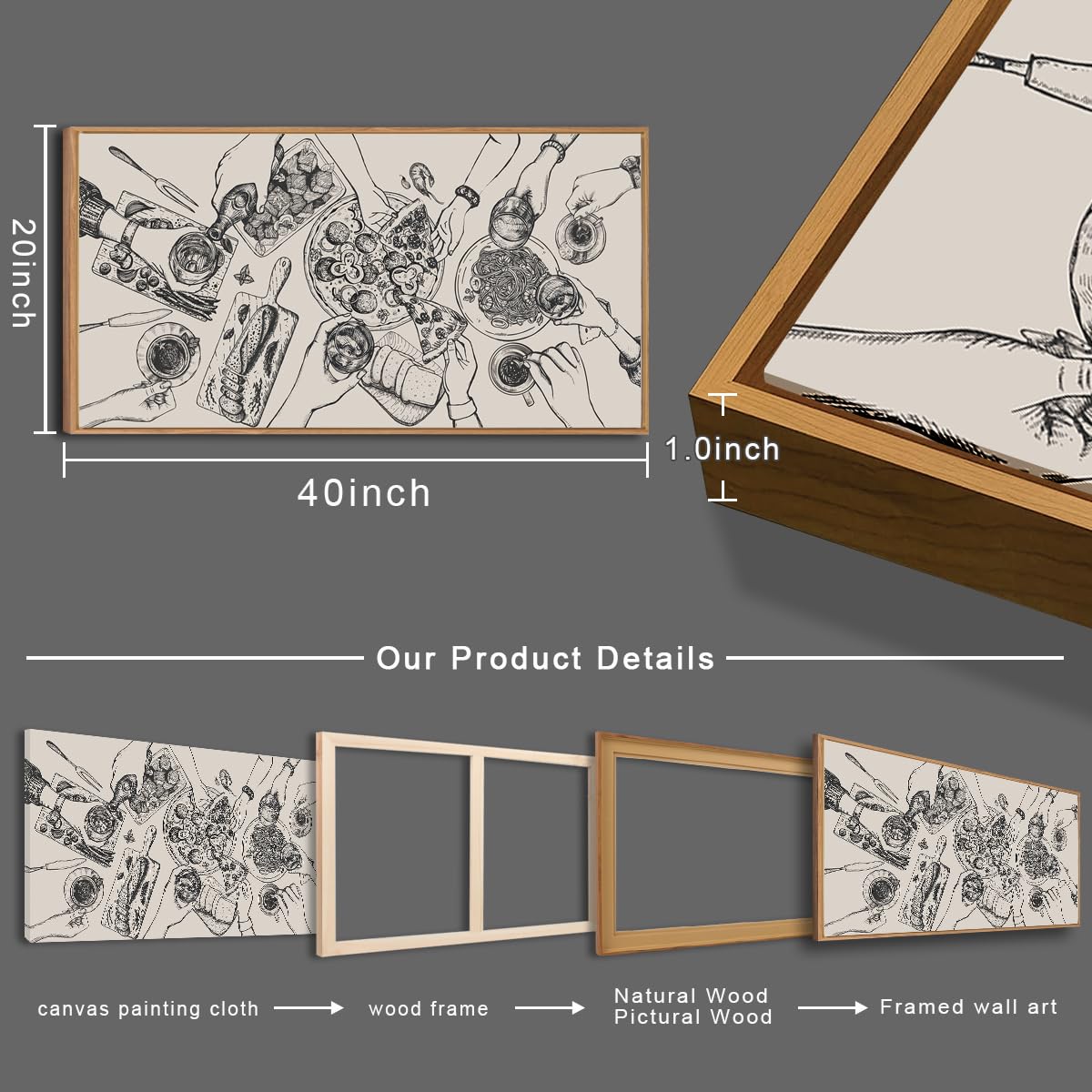 BINCUE Large Framed Wall Art Food and Drink Canvas Wall Decor Pizza Cheers Sketch Painting Retro Canvas Wall Art for Kitchen Dining Room Restaurant Used for Gatherings Decor