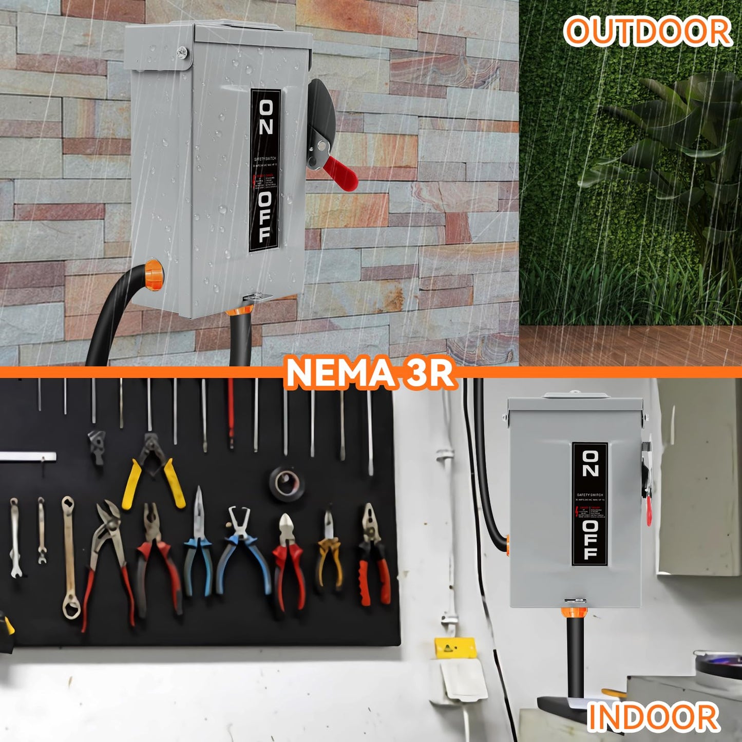 30 Amp Disconnect Switch,3 Pole Safety Switch,Non-Fusible,Indoor&Outdoor,Meeting NEMA 3R Standards,Galvanized Steel，Anti Corrosion and Rust Prevention,10-Year Warranty
