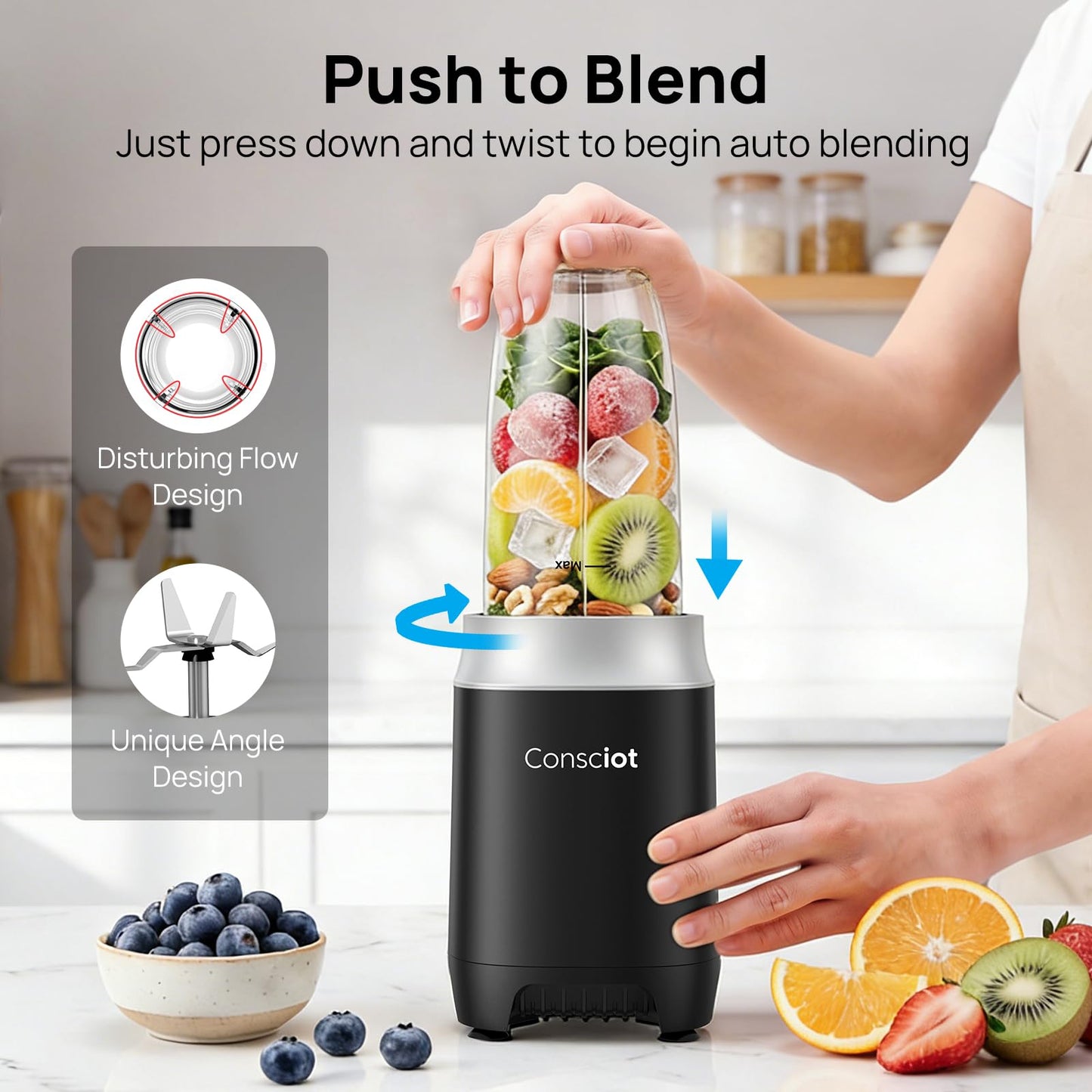 Consciot CB10 16Pcs Personal and Countertop Blender Combo, Coffee and Spice Grinder, Make Shakes and Smoothies, Frozen Drinks, Baby Food, Spreads & More, 4 Portable BPA Free To-Go Cups, 900 Peak Watt