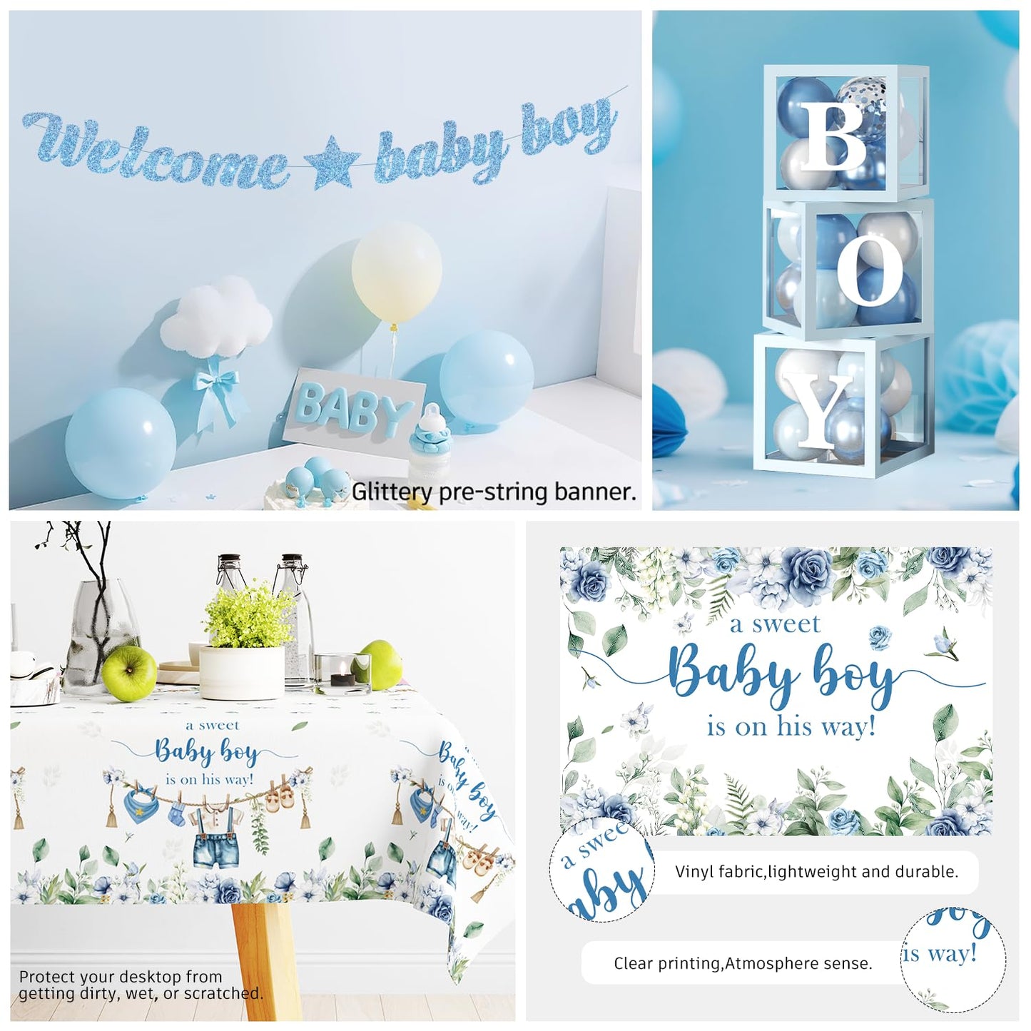 cocomigo 260PCS Baby Boy Baby Shower Decorations All-in-One Set with Baby Boy Balloon Arch, Tableware, Advice Cards, Cake Topper, Balloon Box, Backdrop, Sash, Corsage, Etc. Serves 20