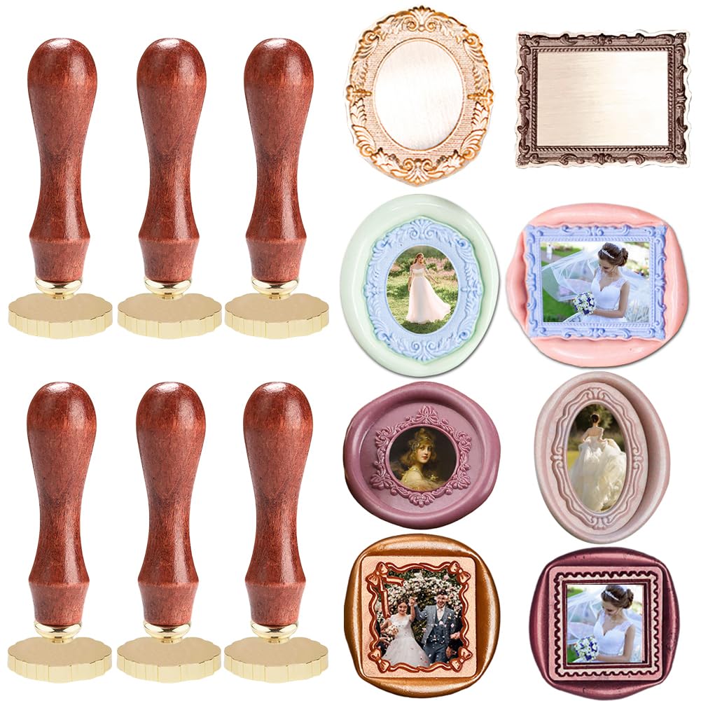 WUERLIN 6pcs Frame Wax Seal Stamp Kit Brass Wax Seal Head with 6pcs Removable Wood Handle Vintage Photo Frame Stamp Design for Wedding Invitations Sealing Letters Envelopes Diplomas Scrapbooking-Kit 2