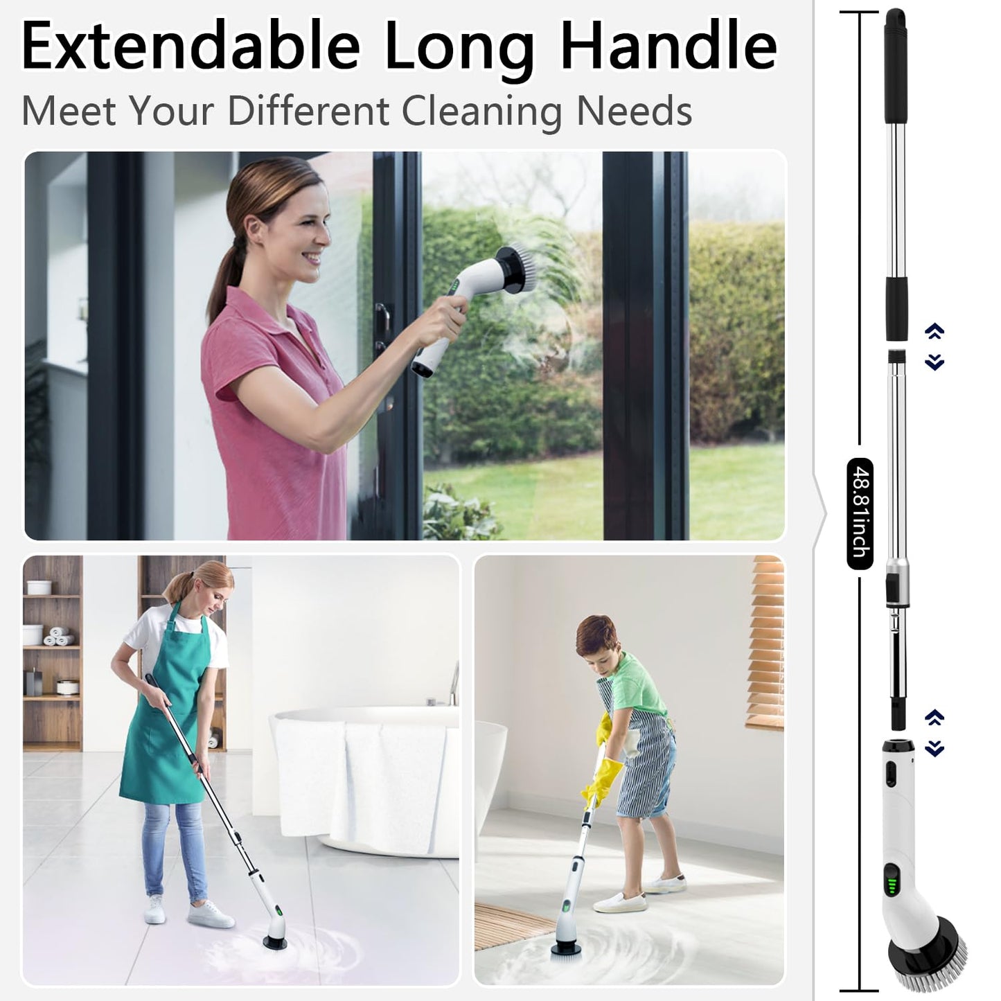 TUYU Electric Spin Scrubber, Full-Body IPX7 Waterproof Bathroom Scrubber,4 Replacement Head for Adjustable Extension Handle Electric Cleaning Brush for Bathroom, Tub, Tile