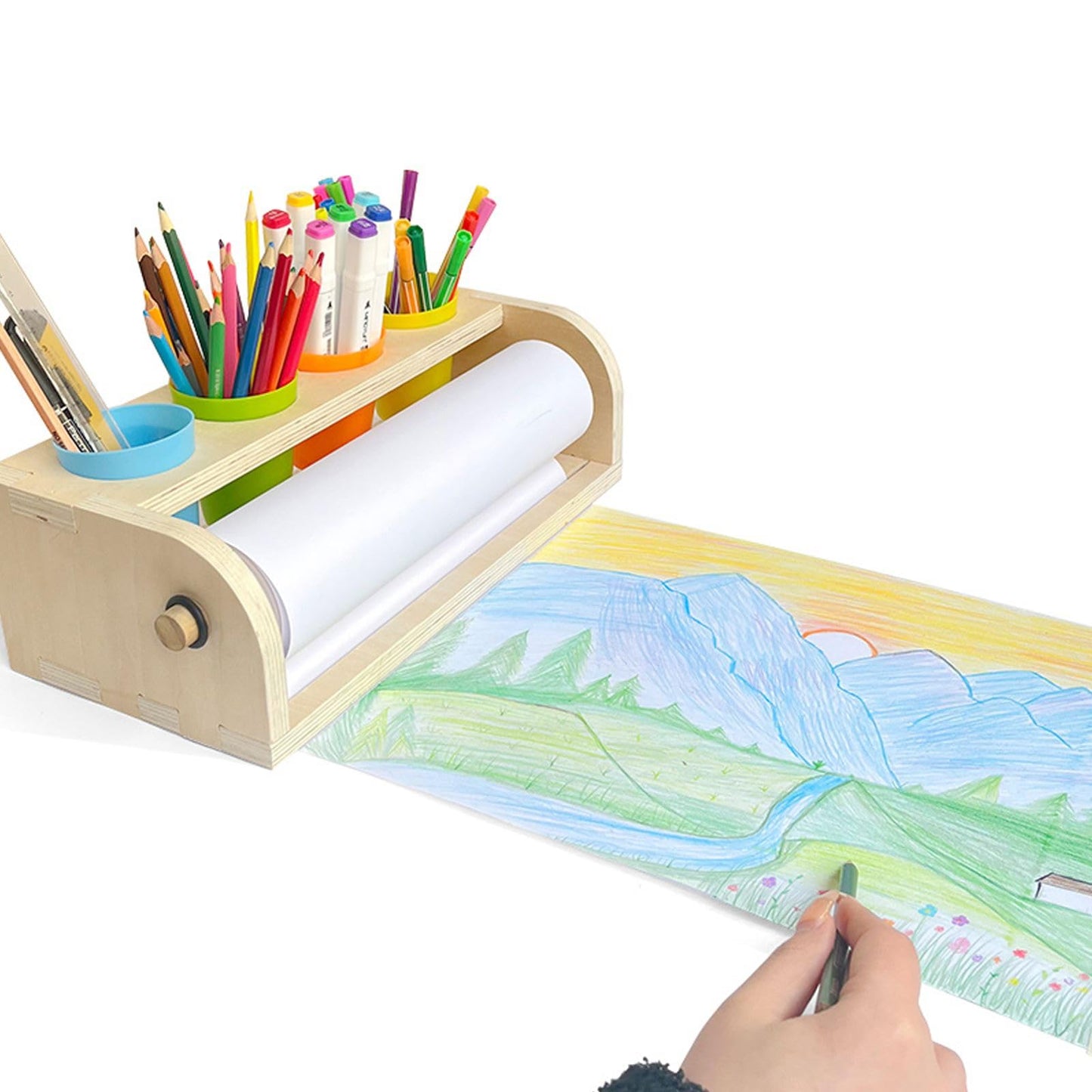 XDONEF Wooden Tabletop Paper Roll Dispenser with Roll 11.4inx98.4ft and Pencil Cups Craft Art Paper Roll Holder for Kids Desktop Easel for Drawing Painting Home Classroom