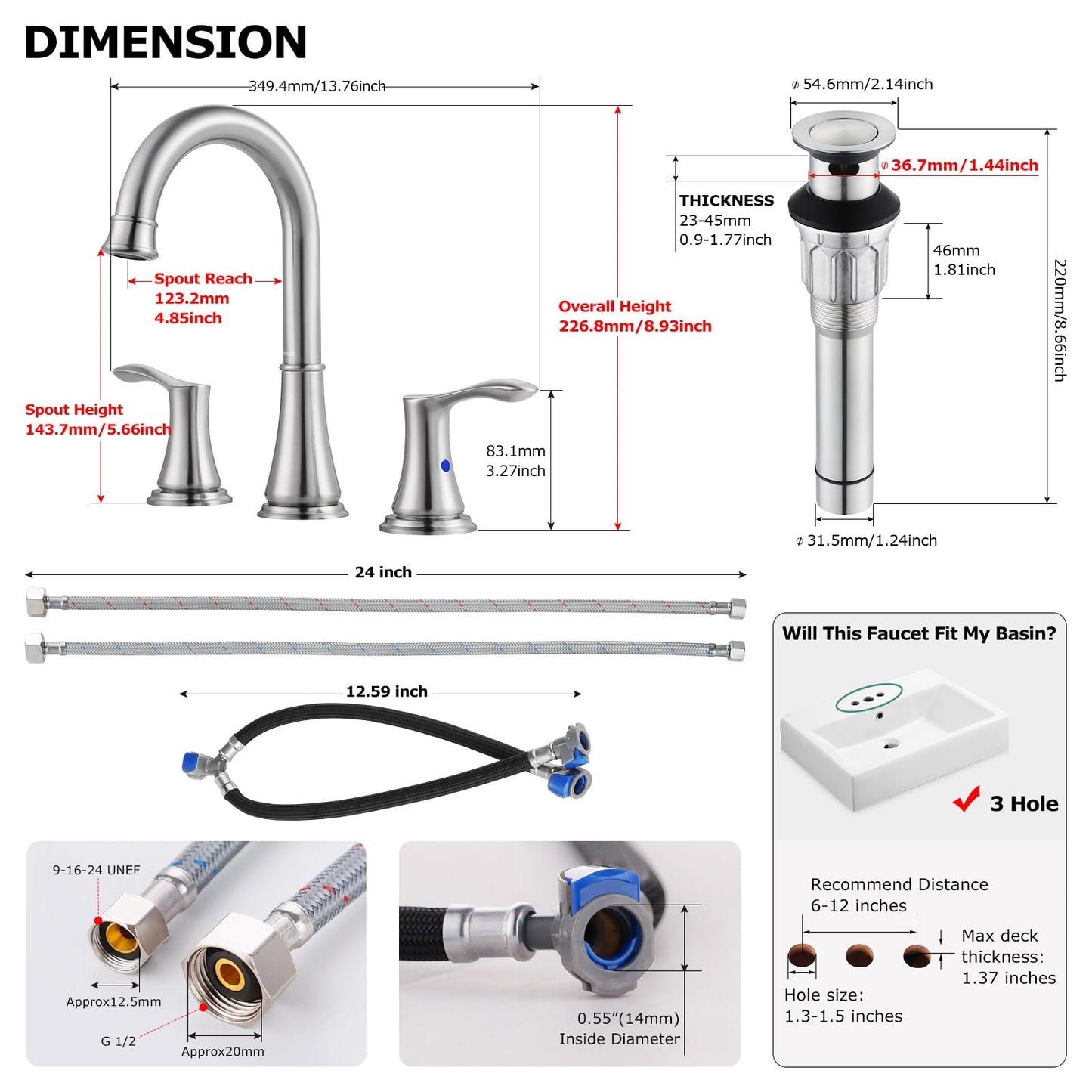 PARLOS Widespread Double Handles Bathroom Faucet with Metal Pop Up Drain and cUPC Faucet Supply Lines, Brushed Nickel, Demeter 13651
