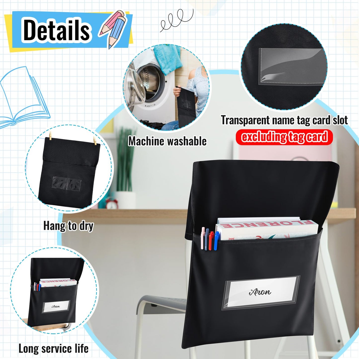 Chapou 48 Pcs Chair Pockets for Classroom 14 x 18'' Black Chairback Storage Pocket Seat Back Organizer 900d Oxford Over The Chair Chart with Name Slot for Student Back to School Classroom Office Home