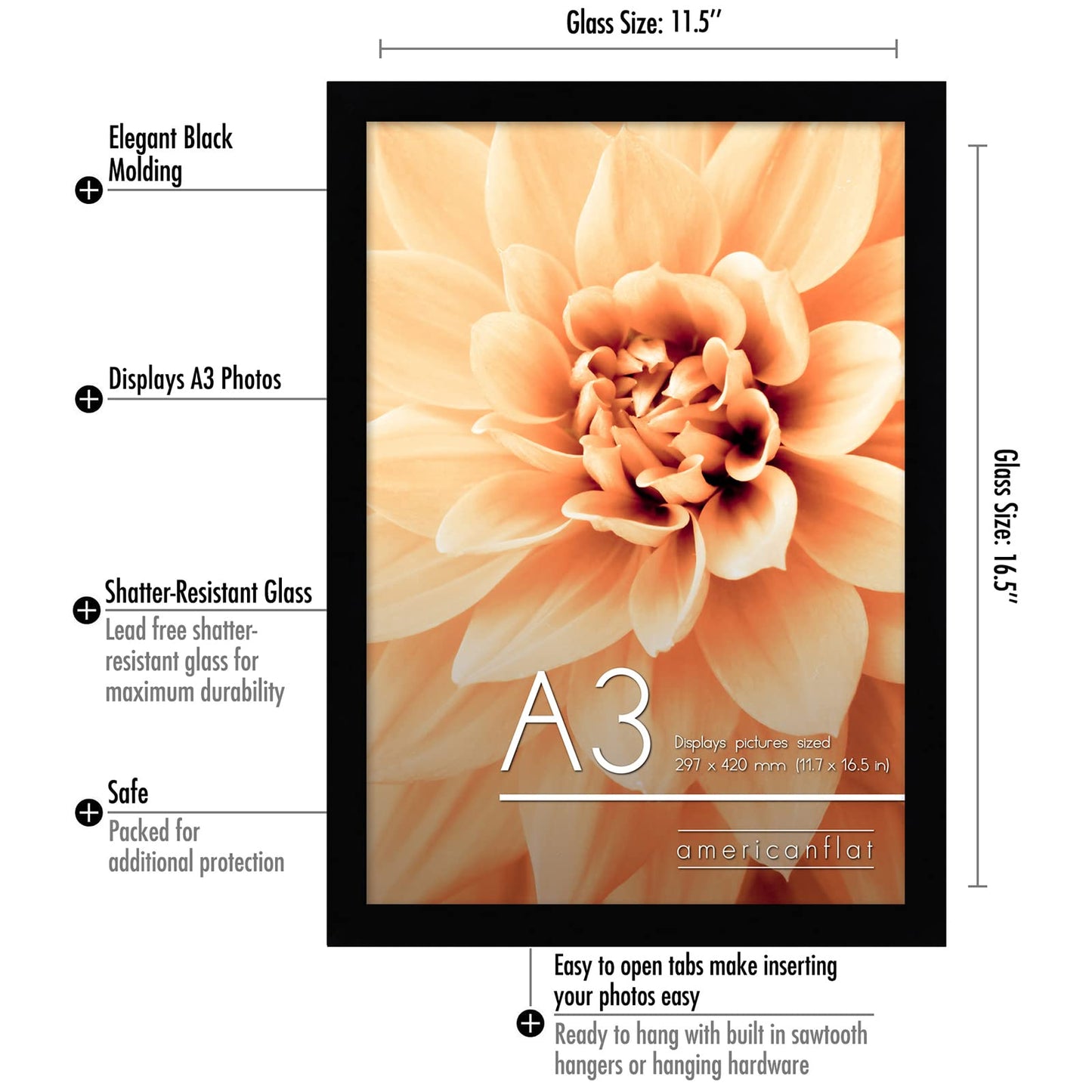 Americanflat A3 Picture Frame with Shatter-Resistant Glass - Set of 2-11.7x16.5 Frame with Engineered Wood - Signature Collection - A3 Frames for Wall Display - Black