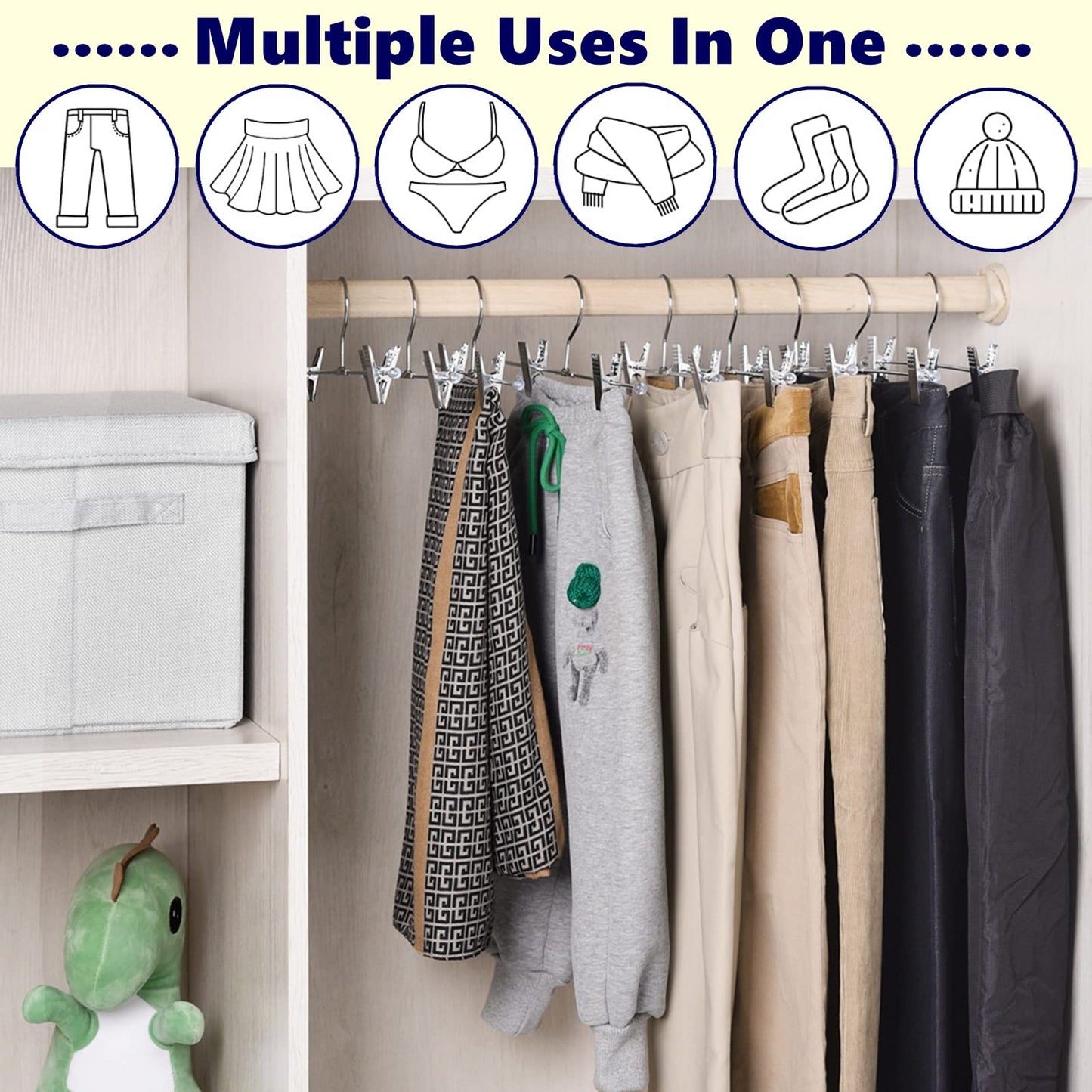 Amber Home 50 Pack Metal Pants Hangers with Clips, Heavy Duty Metal Skirt Hangers with 2-Adjustable Clips, Bottom Hangers for Shorts, Jeans, Trousers (50)