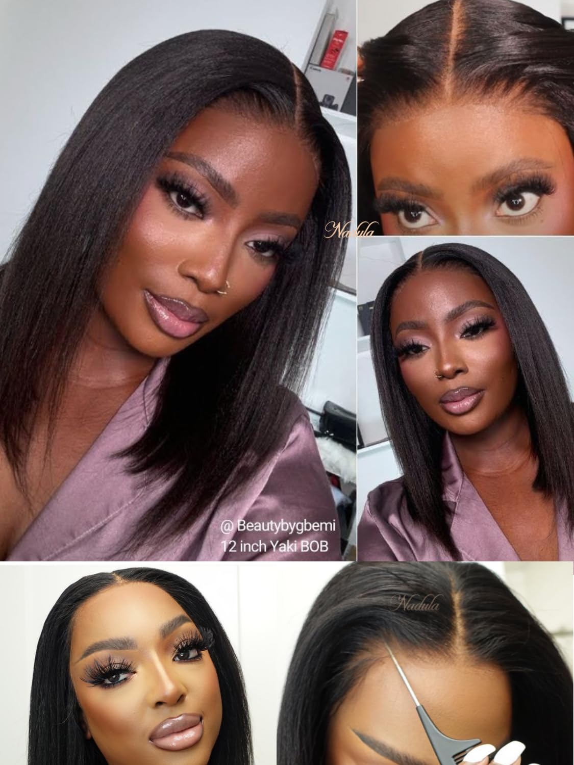Nadula Bye Bye Knots Yaki Straight Bob Glueless Wig Pre Cut/Plucked/Bleached 7x5 Lace Front Wigs Human Hair Invisible Knots Pre Everything 3S Ready to Go Short Yaki Bob Wigs 150% Density 10inch