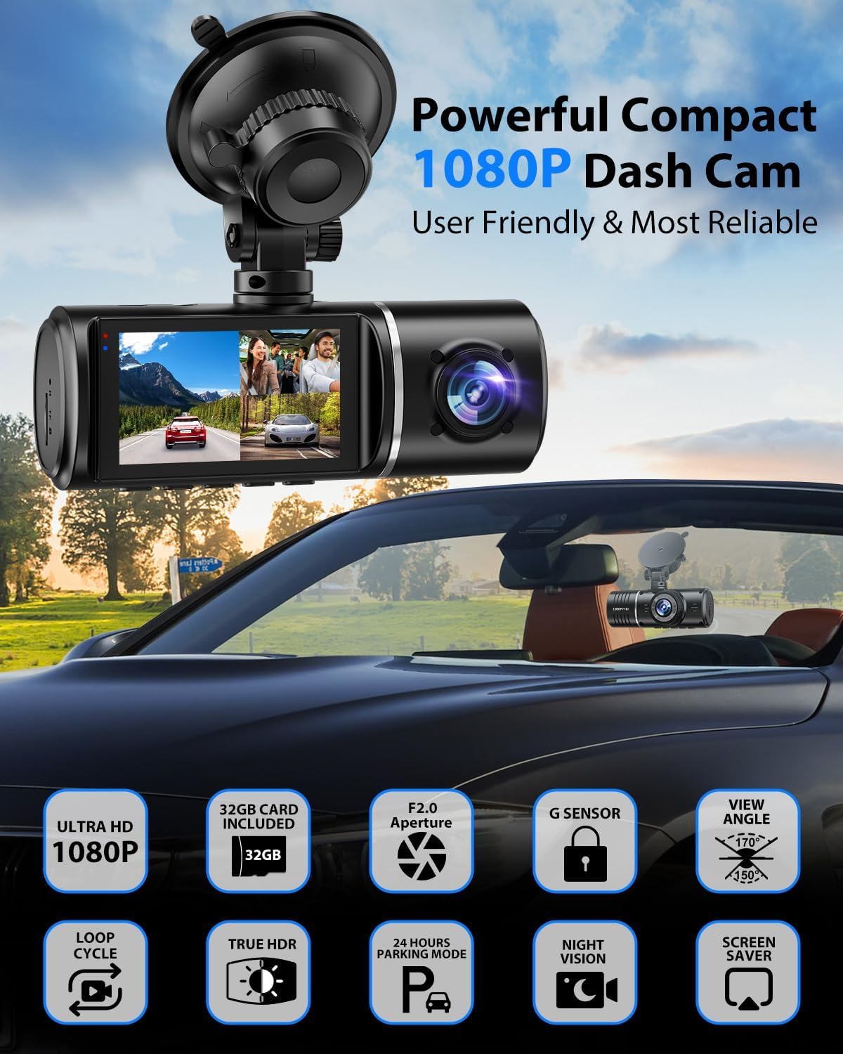 Dash Cam Front and Rear Inside, 3 Channel Dash Camera for Cars, 1080P Triple Dash Cam, Dash Camera with 32GB Card, Loop Recording, HDR, G-Sensor, 24Hr Parking
