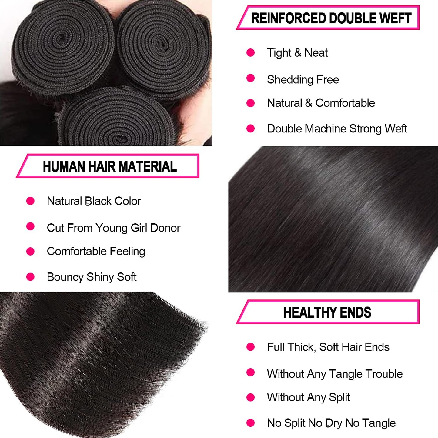 12A Human Hair Bundles - Straight 16/18/20 Inch, 3 Bundles, 100% Unprocessed Brazilian Virgin Hair, Double Weft, Natural Color