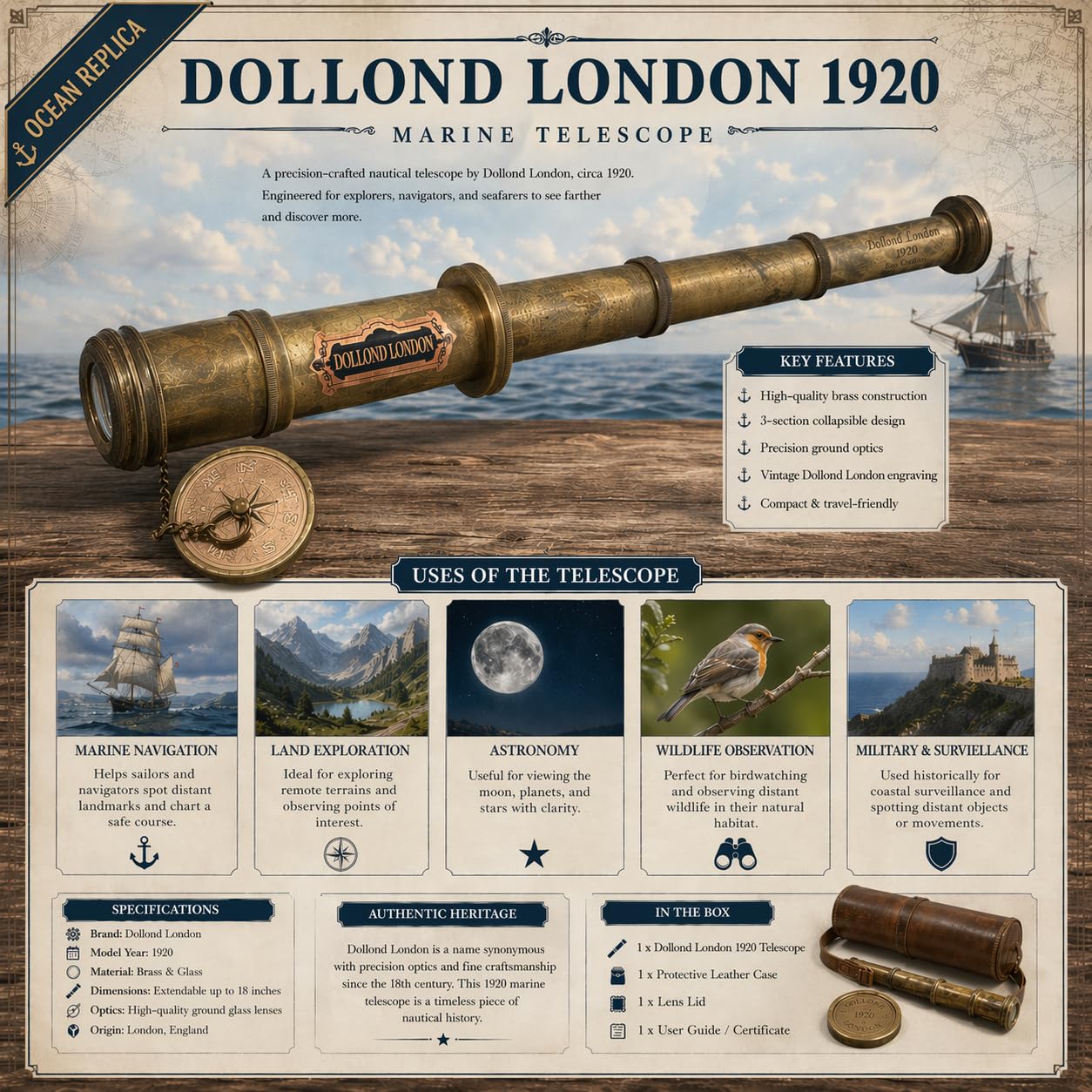OCEAN REPLICAS 16 inches Antique Commando Telescope/Spyglass Replica in Leather Box